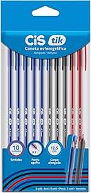 CIS TIK Caneta Esferografica - 0.7 mm - Blister com 10 cores - 5 Azuis, 3 Pretos, 2 Vermelhos