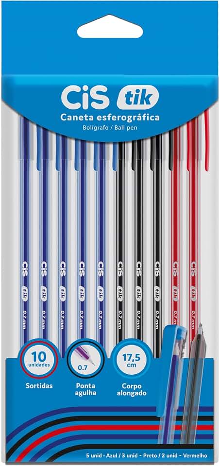 CIS, Caneta Esferografica 0,7 mm TIK Blister com 10 cores, 5AZ+3PT+2VM
