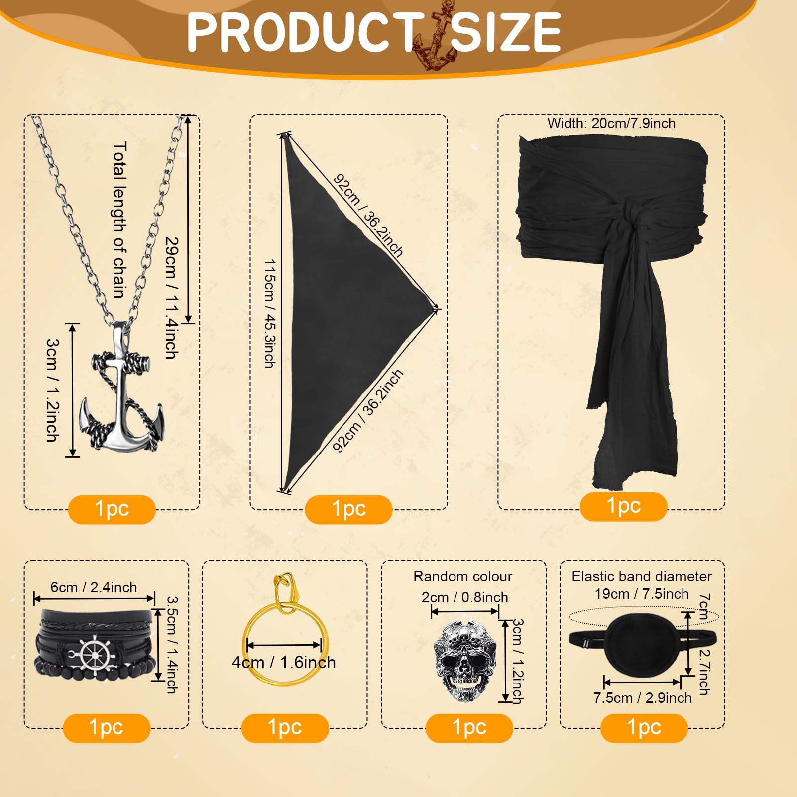 Ginkago 7 Pieces Medieval Pirate Costume Accessory Set Women Men Pirate Fancy Dress Accessories Headscarf Eye Patch Earrings Necklace Bracelet Hip Scarf for Halloween Cosplay Party (Black) - Image 2