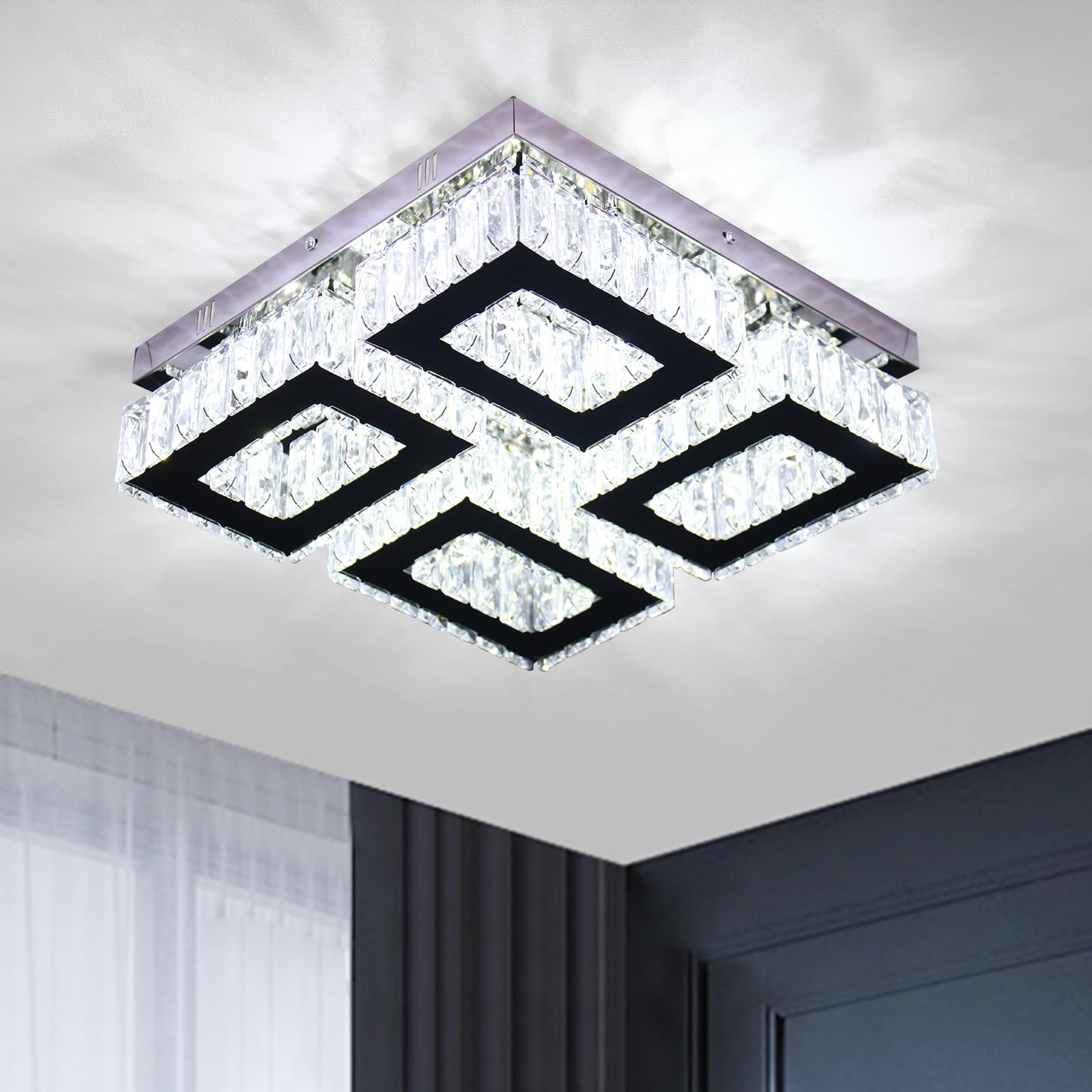 FRIXCHUR 13.2" Square Flush Mount Crystal Chandelier LED Crystal Ceiling Light Modern Ceiling Light Fixture for Living Room Bedroom Kitchen (Cool White)