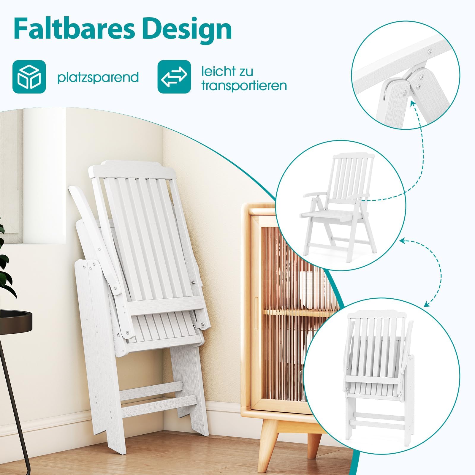 FANTASK Sedia da balcone in plastica effetto legno pieghevole 150 kg bianco