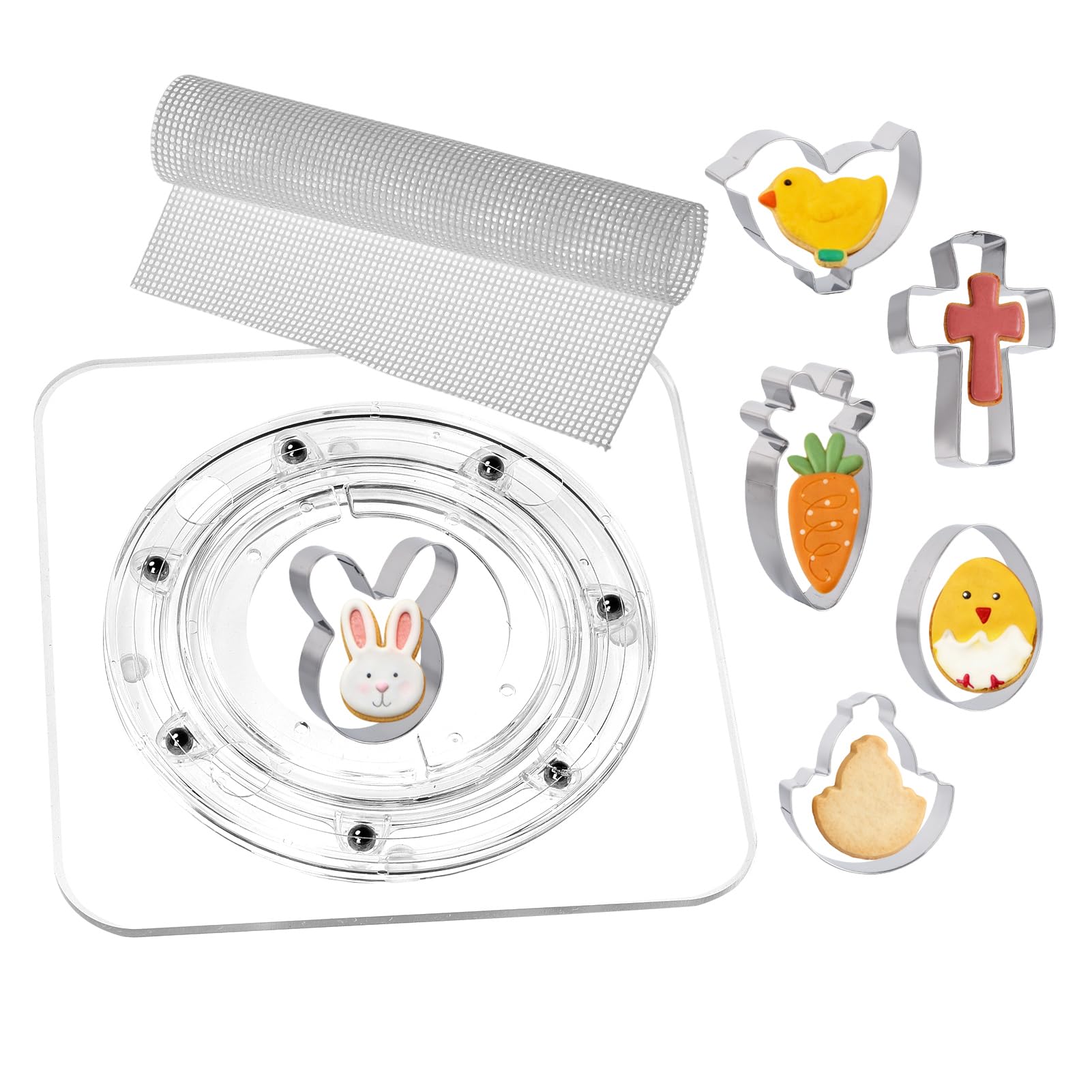 SANGLE SOPFFY 6.4-Inch Square Acrylic Cookie Turntable with Non-Slip Mat | Cake & Cupcake Decorating Rotary Stand (6.4 Inch + Easter Cookie Cutter)
