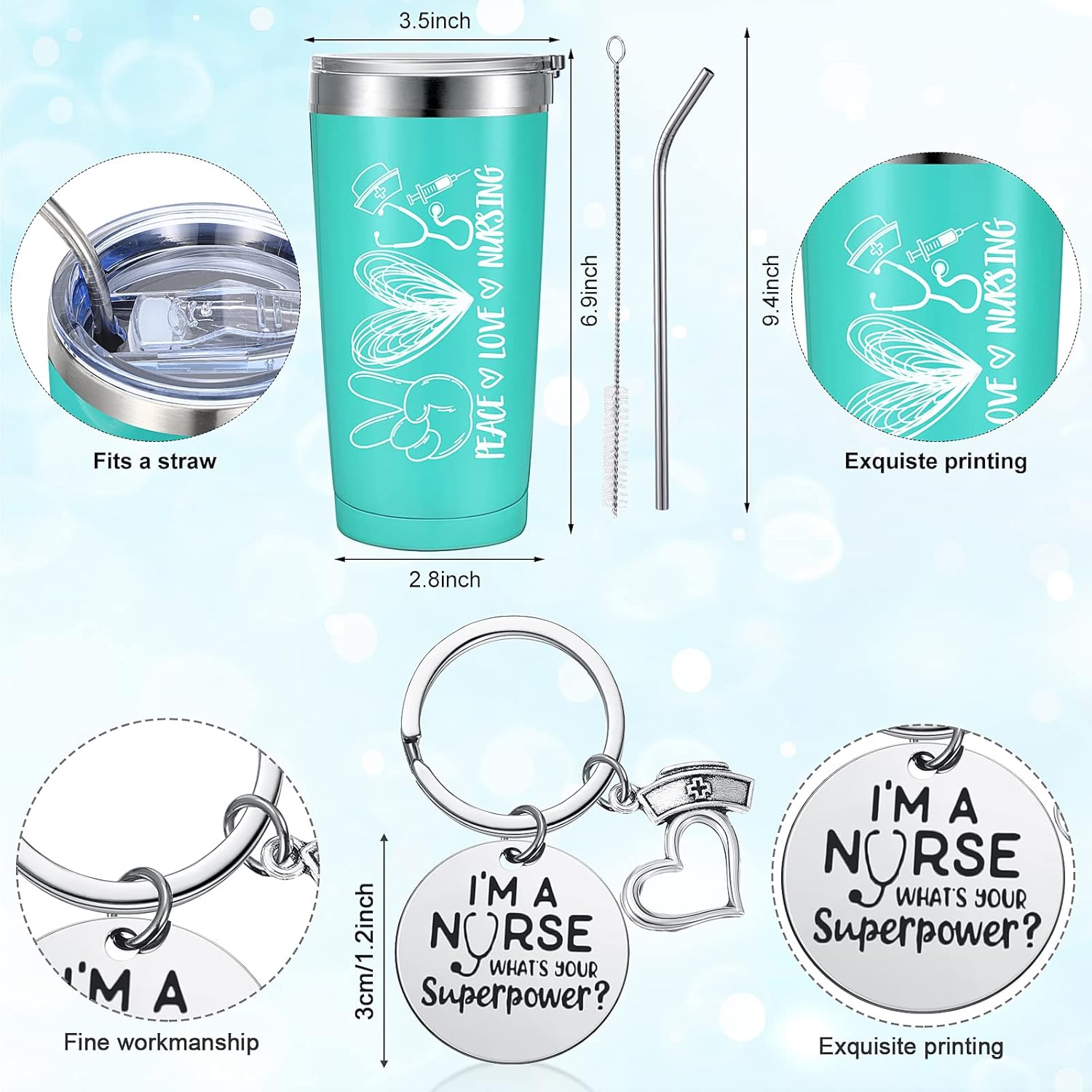 Coume 4 Pcs Christmas Nurse Gifts for Women Peace Love Nursing Appreciation Gift Set Include Tote Bag Stethoscope Case Tumbler Keychain for RN, NICU, Practitioner, Nurses Week, Graduation(Turquoise)