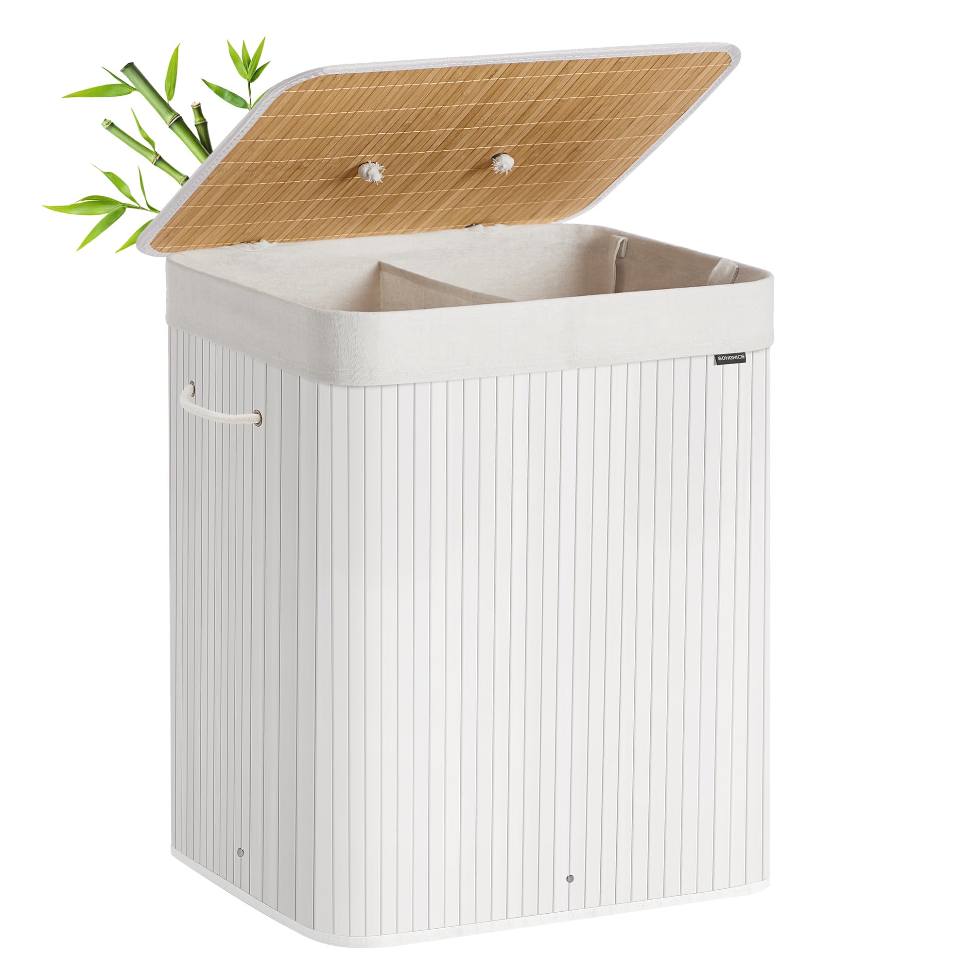 SONGMICS Wäschekorb mit Deckel, 2 Fächer, 120 Liter, Wäschesammler aus Bambus, faltbar, Wäschesack herausnehmbar und maschinenwaschbar, mit Griffen, für Waschküche, Schlafzimmer, weiß LCB014W01