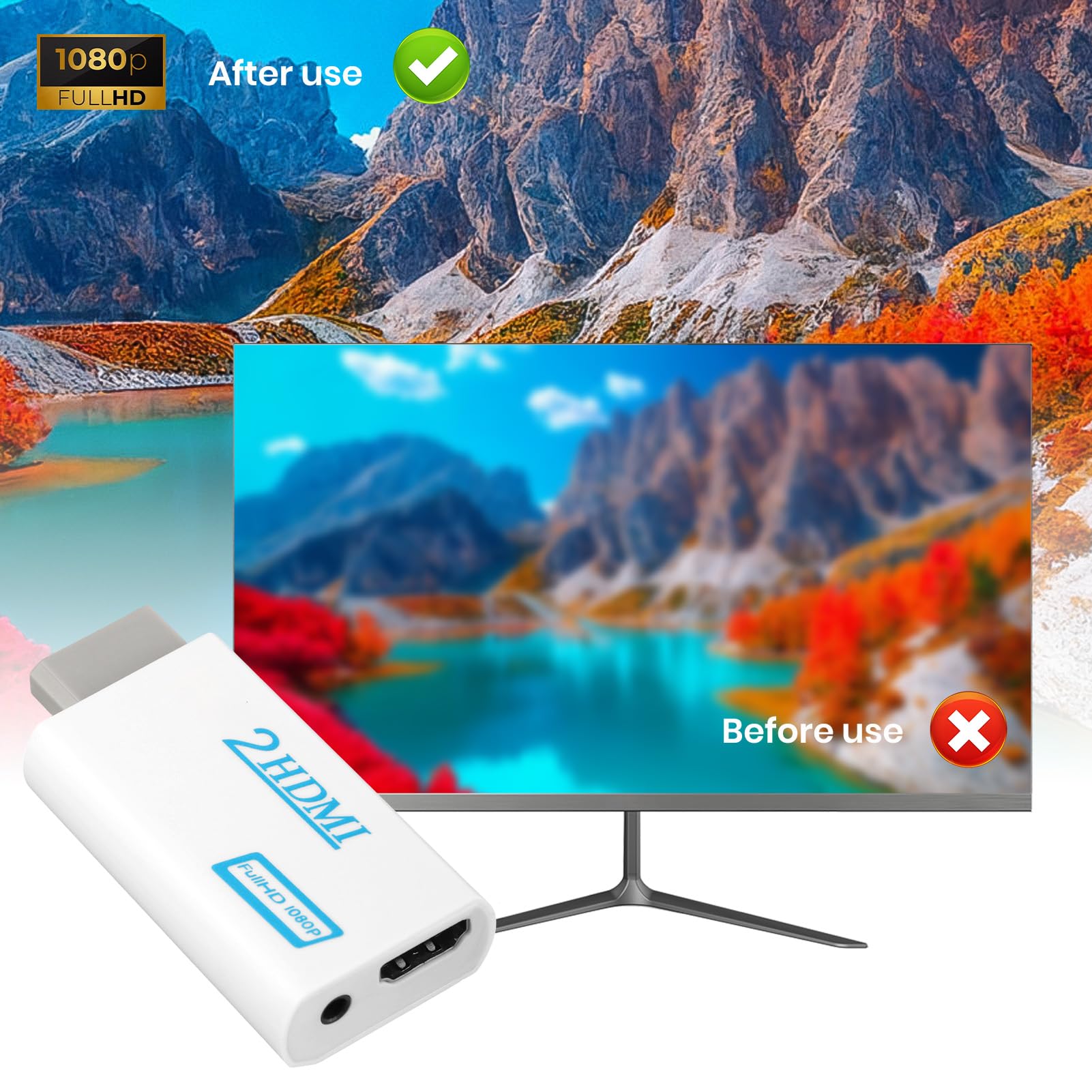 Adaptateur Wii vers HDMI Convertisseur Vidéo Full HD 1080P/720P Sortie Audio 3,5mm