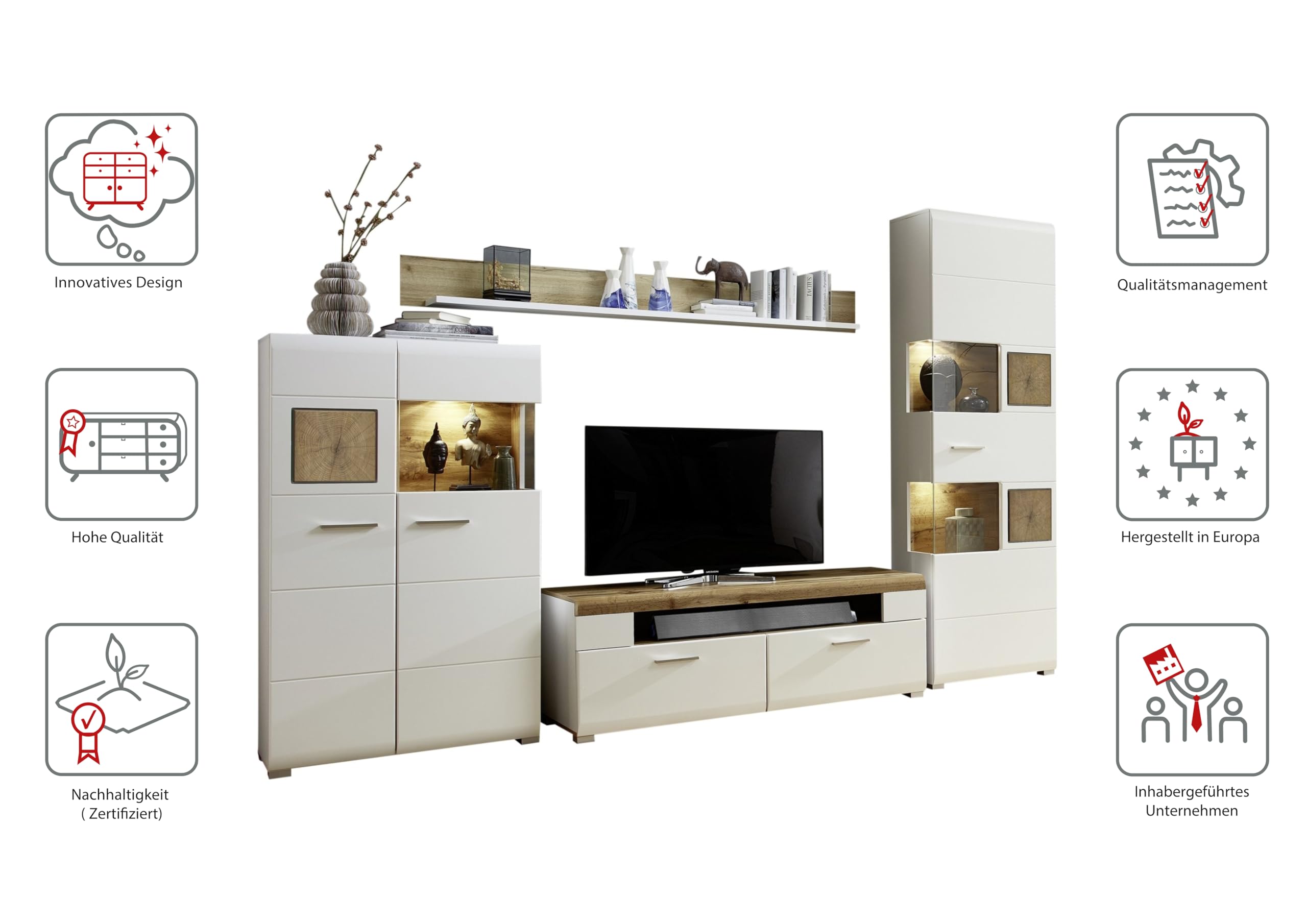Stella Trading Fun Plus Wohnwand Komplett-Set mit schönen Hirnholz-Applikationen & Eiche Dekor - Moderne Schrankwand für Ihr Wohnzimmer - 325 x 205 x 47 cm (B/H/T)