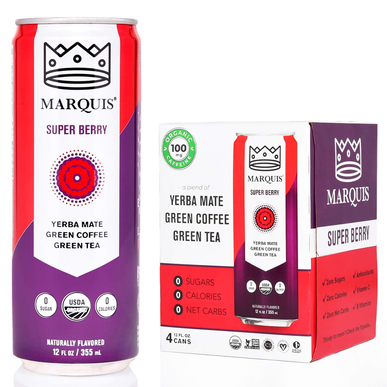 Marquis | Sparkling Sugar Free Yerba Mate | 100 mg Plant-based Caffeine | USDA Organic & Zero Calories | Antioxidant & Vitamin C | Pack of 4, 12oz Cans (Super Berry)