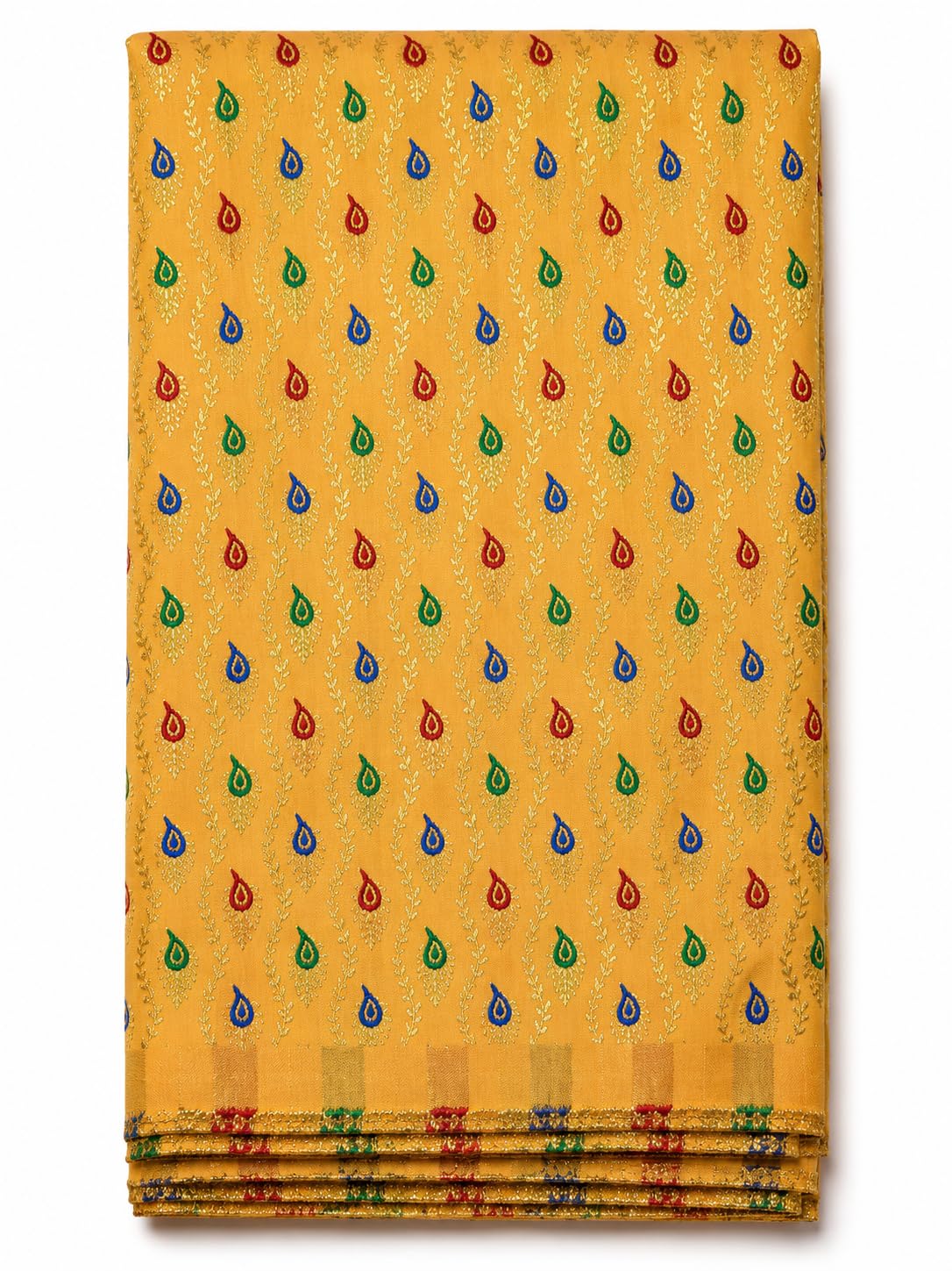 zari brocade pooja fabric for ganpati decor (yellow - kairi, 2 meter) | ganpati decoration, mandap use, table cloth, altar backdrop, zari weave, auspicious motifs