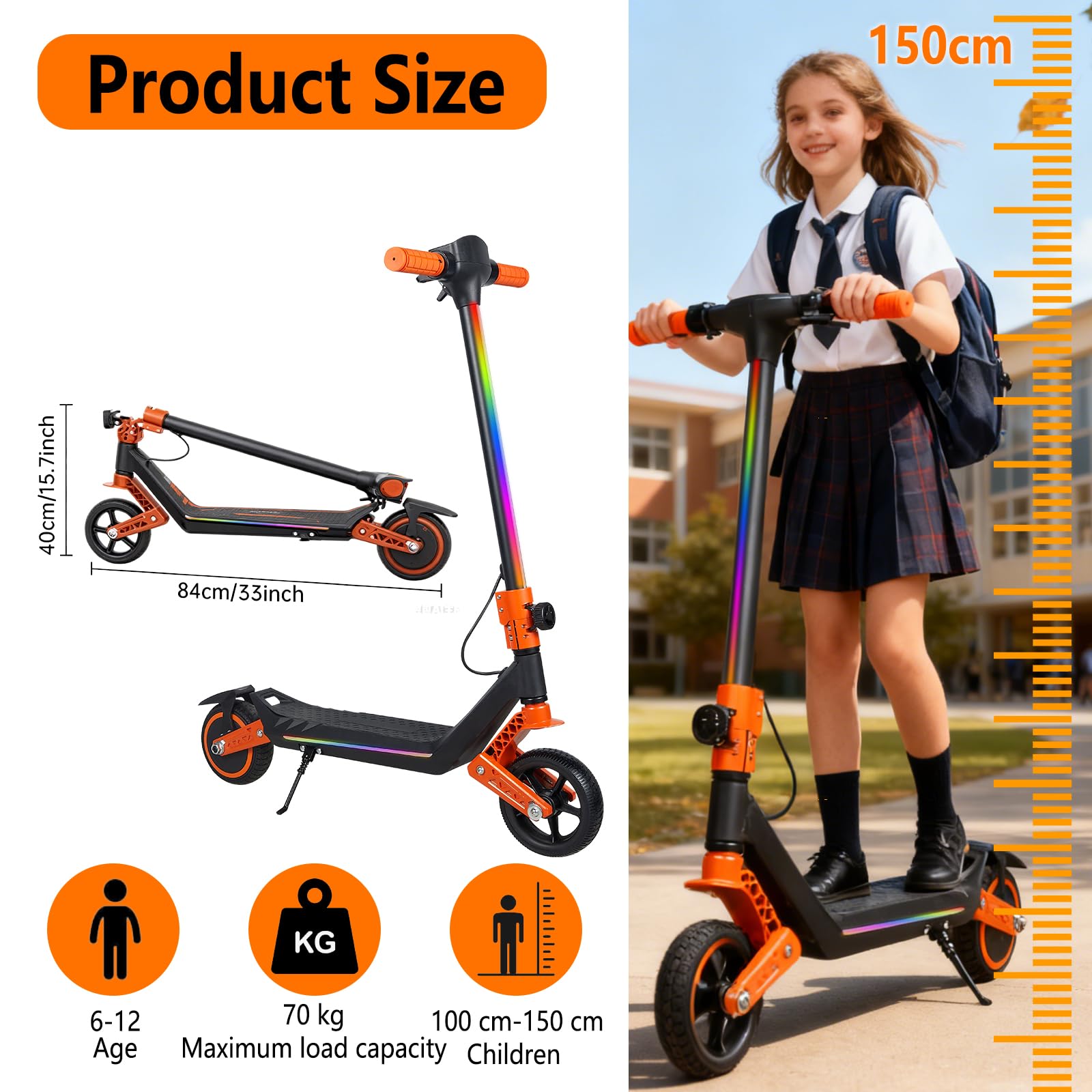 Monopattino elettrico per bambini, doppia sospensione, con luci arcobaleno colorate e indicatore LED, portata di 12 km, regalo per ragazzi e ragazze dai 6 anni in su (arancione)