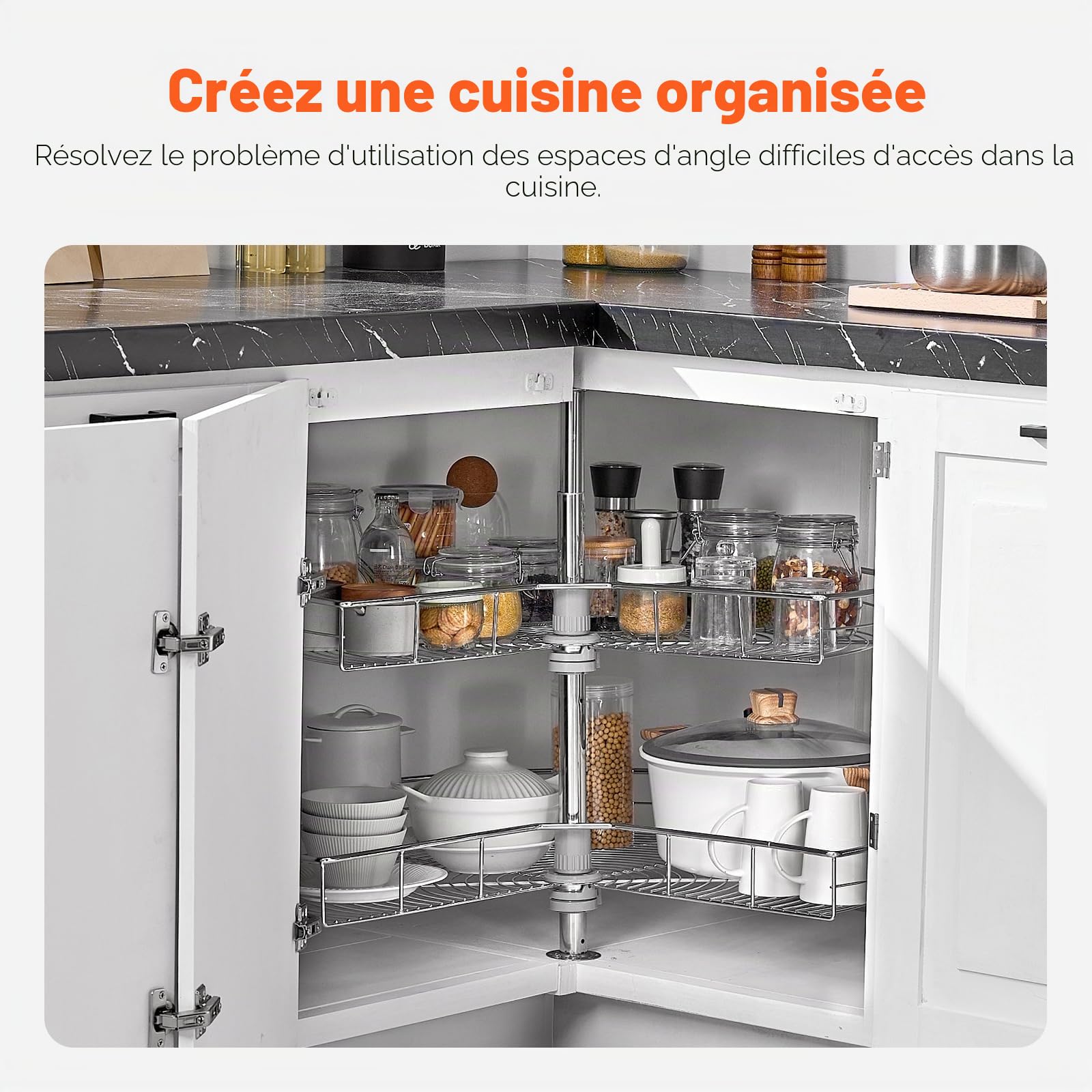 VEVOR Plateau Tournant pour Meuble d'Angle 80 cm 2 Niveaux, Tourniquet de Cuisine Rotatif à 360°, Étagère Pivotante pour Placard d’Angle Réglable en Hauteur, en Acier au Carbone, Rangement Cuisine