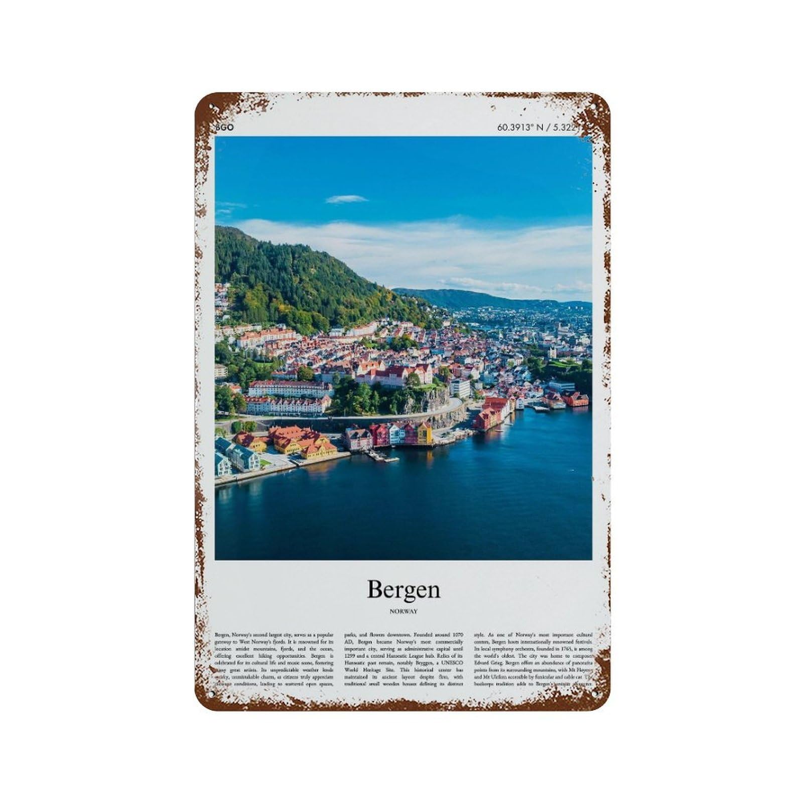 xiaoxiaoshen Bergen Norway City Scenery Wall Decor Art Metal Tin Poster Modern Home Decor Art Home Bar Shop Decorations Vintage Sign 30x20cm