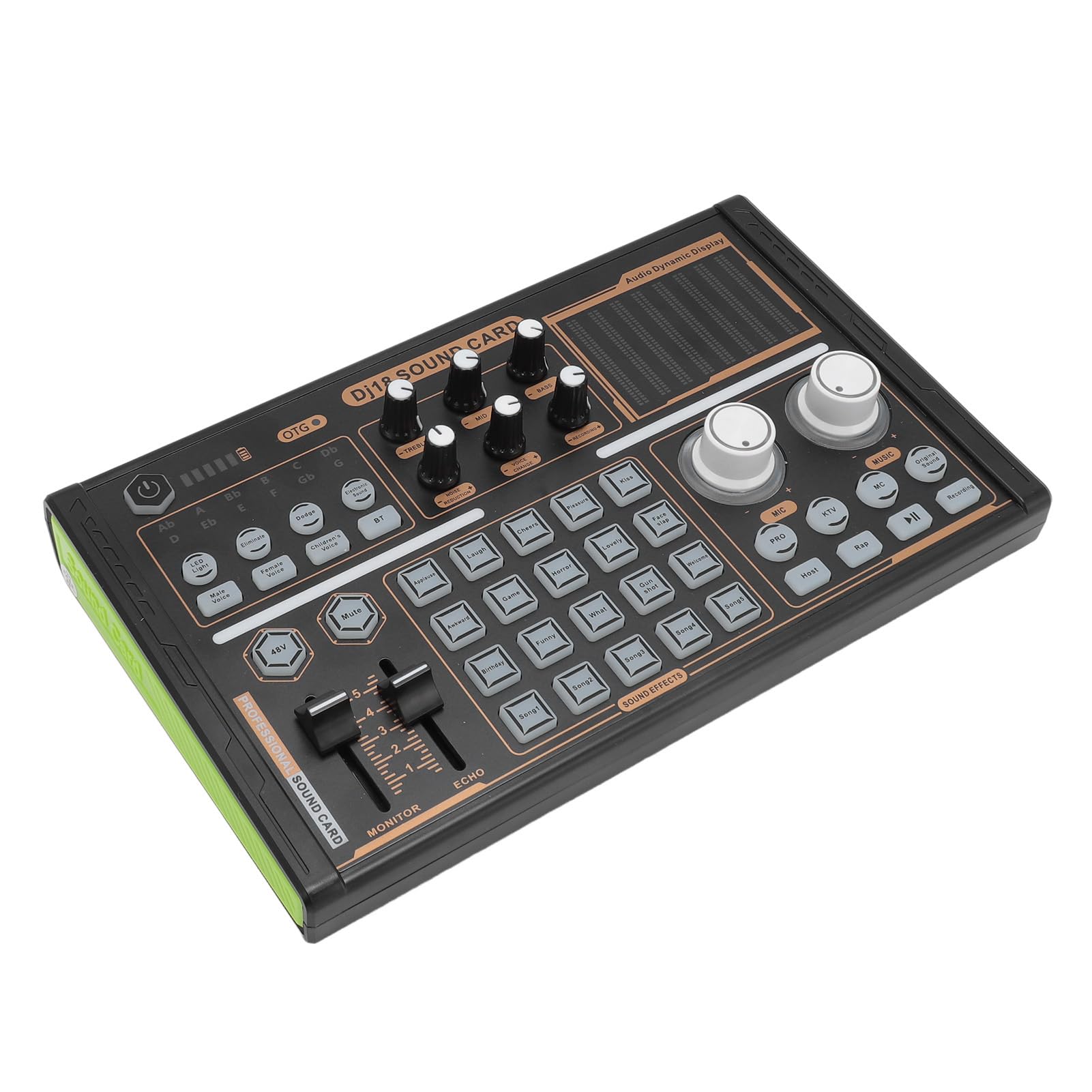 DJ18 Live - Tarjeta de sonido para streaming, mezclador de audio profesional con múltiples efectos, reducción de ruido, luces coloridas, soporte de micrófono de 48 V