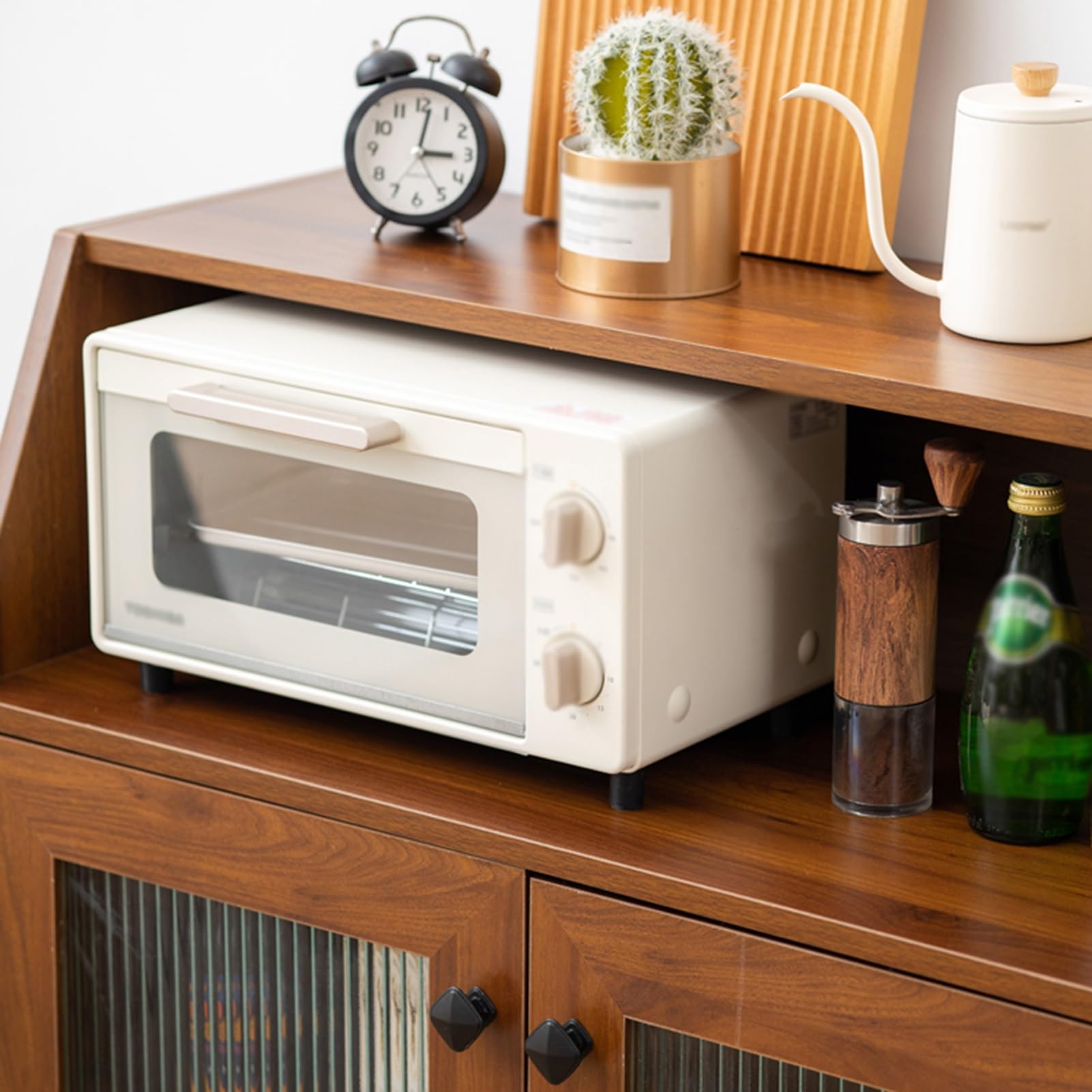 Aparador moderno Buffet Armario de almacenamiento de cocina con puertas de vidrio a rayas comedor gabinete consola mesa licor/acento armario organizador (marrón 80 x 35 x 90,4 cm)