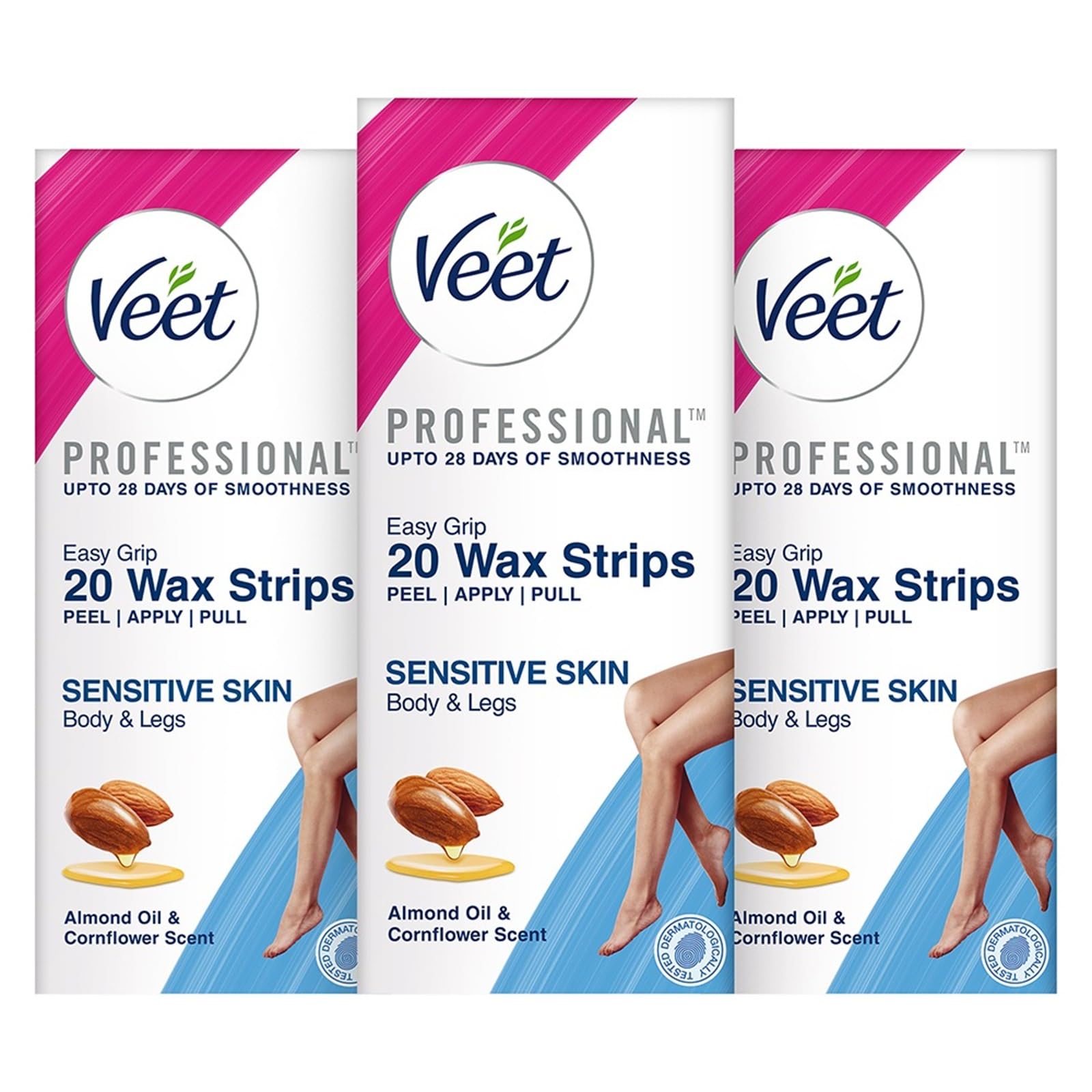 Full Body Waxing Strips Kit - Sensitive Skin | 20 Strips (Pack of 3) | 20 Pre-Coated Wax Strips & 4 Perfect Finishing Wipes | 28 Days Smoothness | Arms, Underarms, Legs & Bikini Area