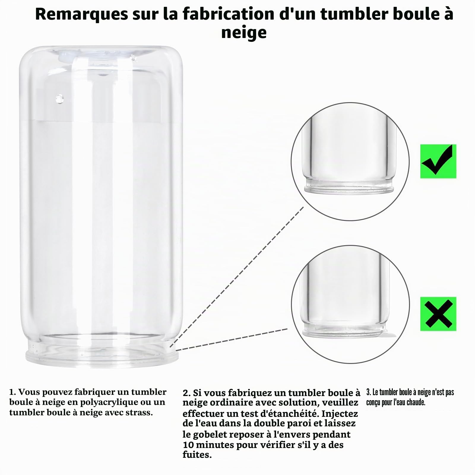 Lot de 12 gobelets en plastique à double paroi avec couvercle et paille - Boule à neige à paillettes - 473 ml - Transparent
