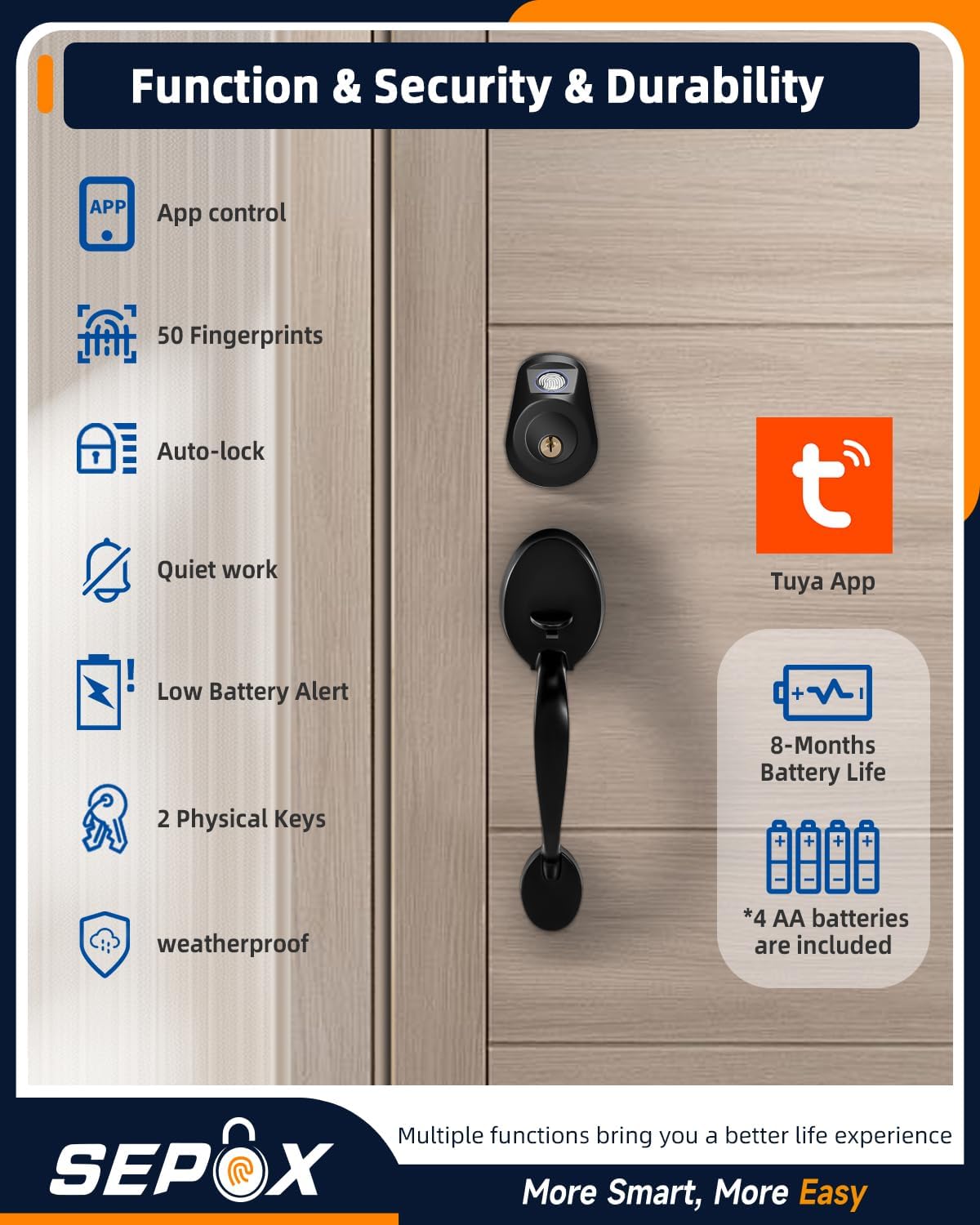 SEPOX® Keyless Smart Lock for Front Door & 2pcs Long Cable Combination Padlock