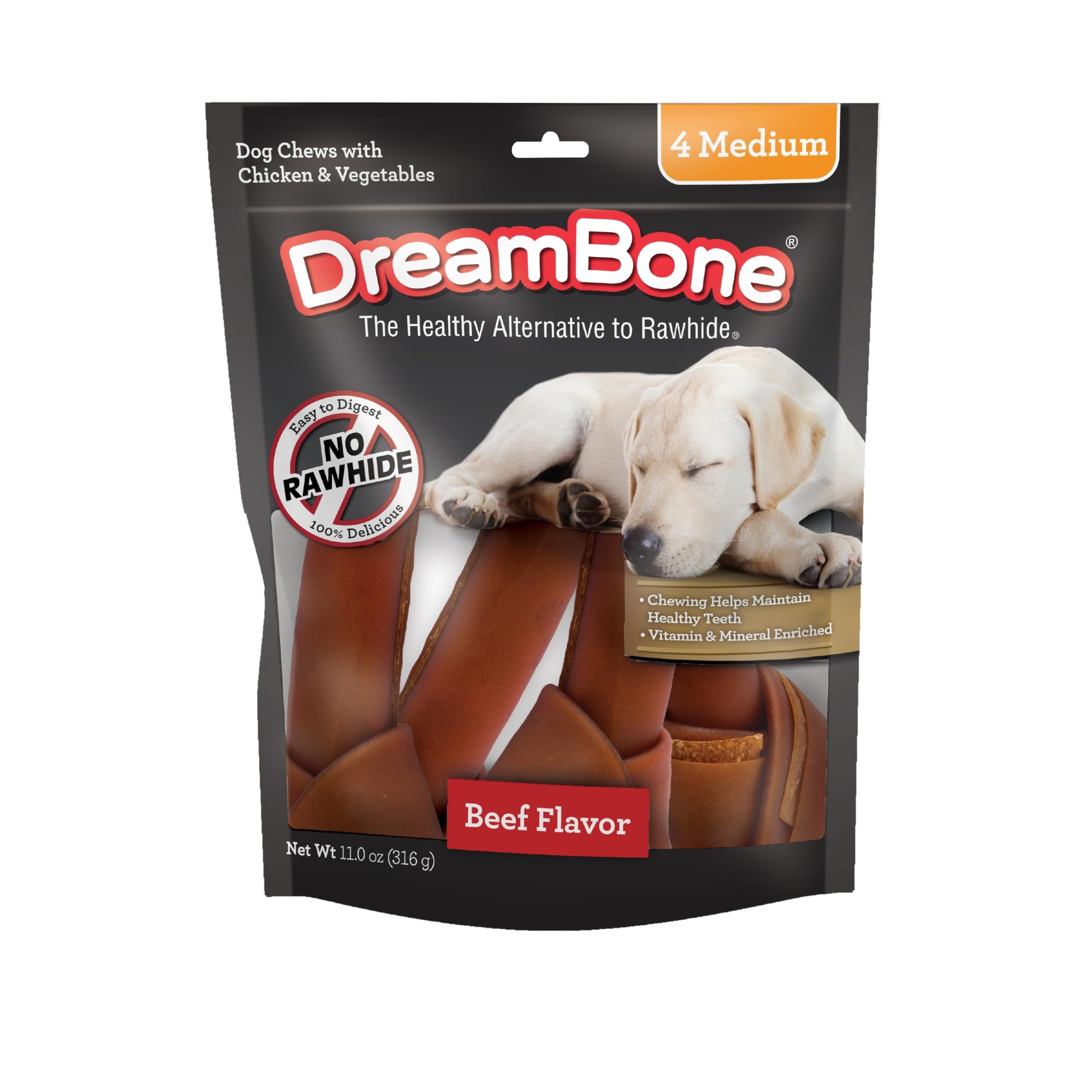 DreamBone Chews, Medium Rawhide Free Dog Bones Made With Real Beef, Chicken and Vegetables, 4 Count