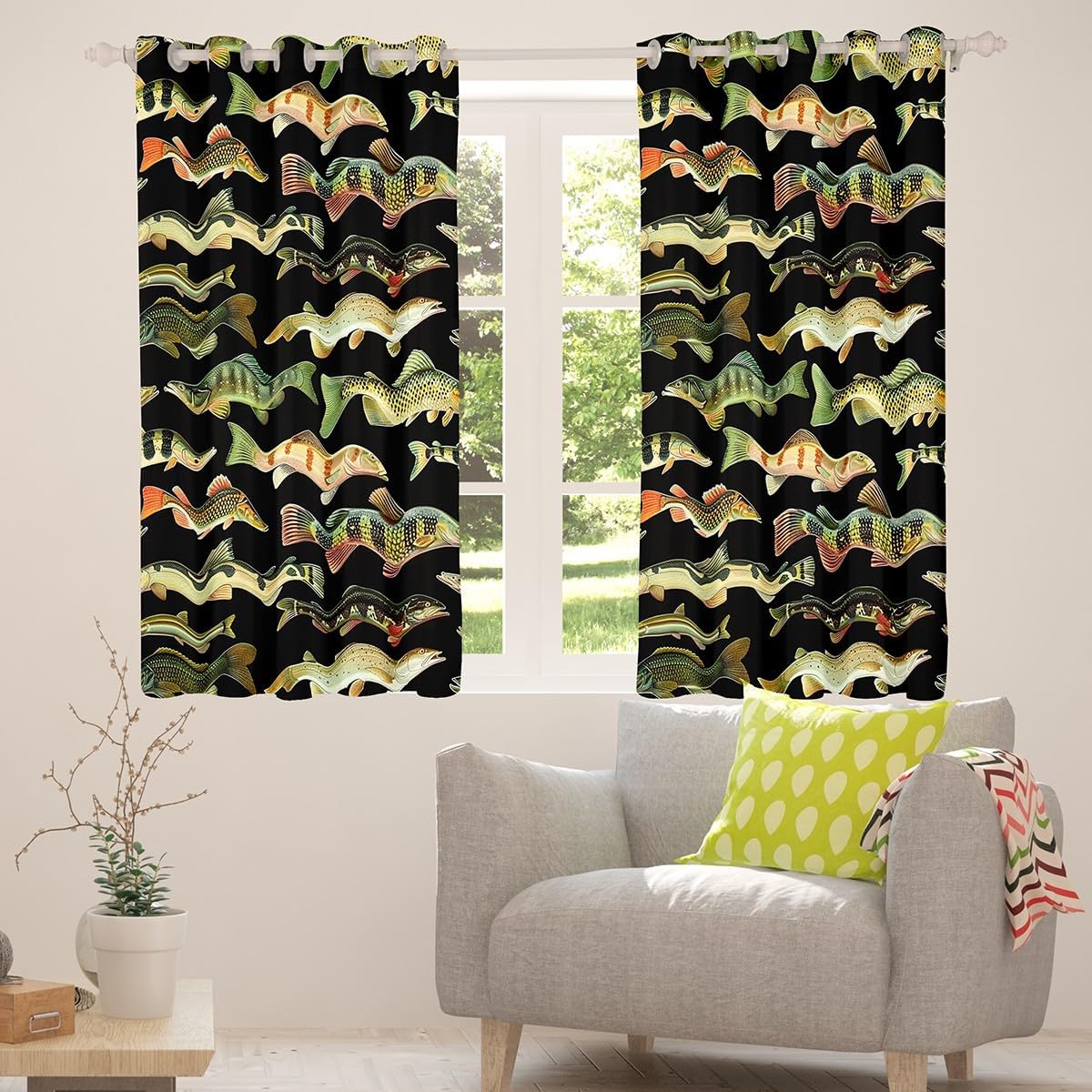 Feelyou Kids Fishing Curtains for Living Room (2 Panels, 42 x 63 Inch) Vintage Pike Fish Darkening Drapes for Boys Girls Fishing and Hunting Blackout Curtains Women Men Window Treatments