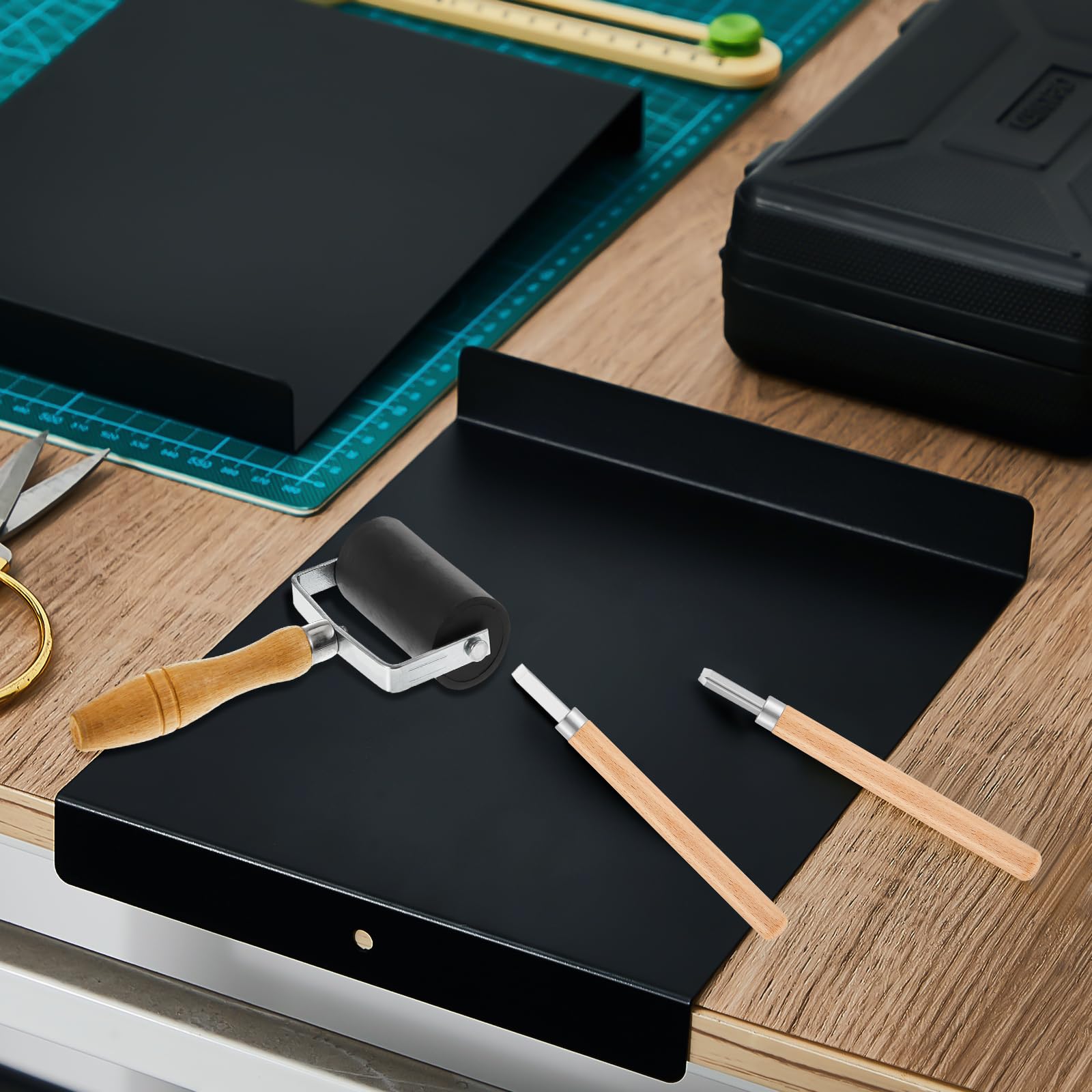 Suzile Block Printing Kit Include 1 Pcs Bench Hook and Inking Plate 2 Pcs Linoleum Block 1 Set Linoleum Cutter with 6 Type Blades 1 Brayer Roller for Carving Printmaking Stamp Tools - Image 7