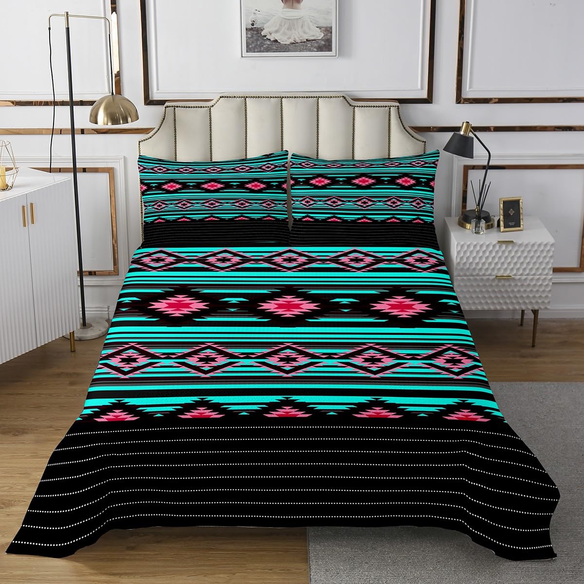 Loussiesd Southwestern zestaw narzut geometryczna pikowana narzuta dla dzieci chłopców dziewcząt wystrój pokoju plemienny pikowana narzuta pojedynczy rdzenny Amerykanin design niebieski różowy