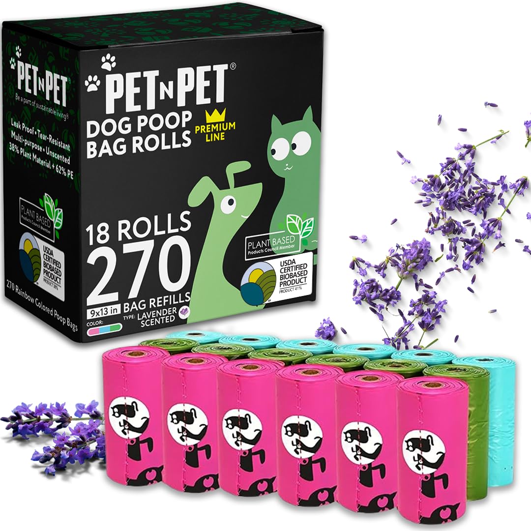 Pet N Pet 270 Counts Lavender Scented, Colorful Poop Bags for Dogs, 41% Plant Based & 59% PE Dog Poop Bags Rolls, Extra Thick Dog Waste Bag, Doggy Bag