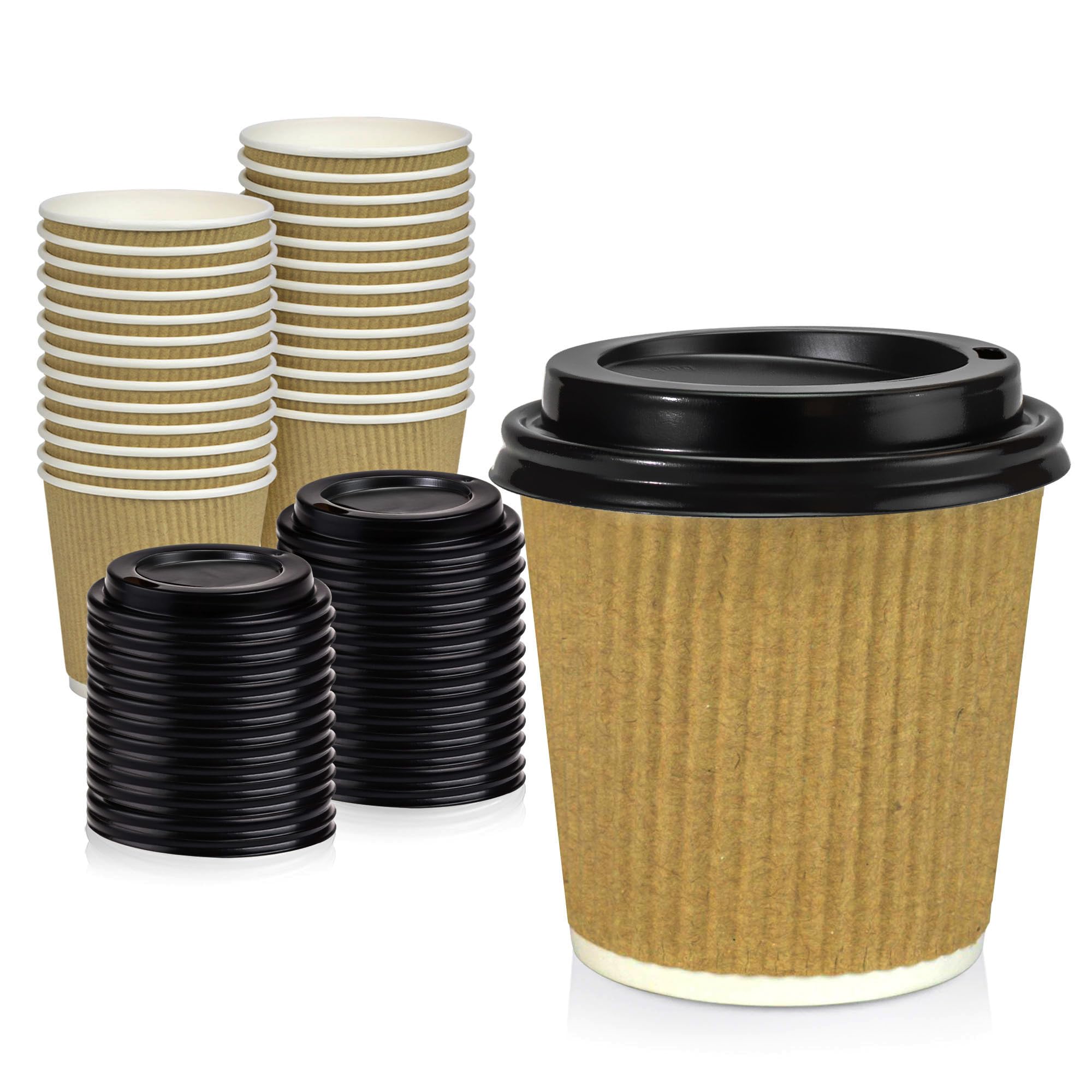 Fit Meal Prep 50 Pack 4 oz Insulated Ripple Triple Wall Paper Coffee Cups with Black Lids, Premium Disposable, Brown To Go Anti Slip for Hot Beverage, Christmas, Travel, Office