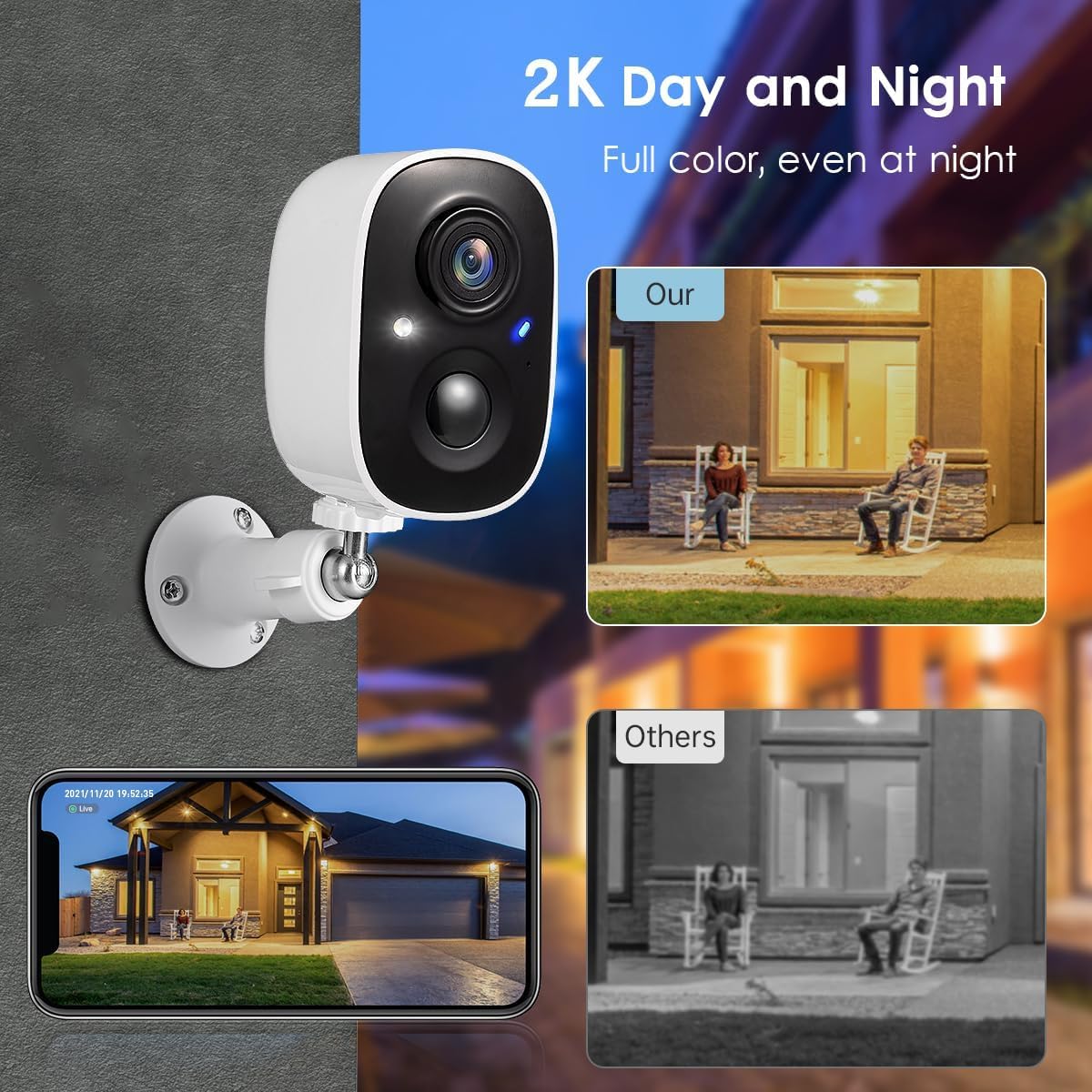 GMK Überwachungskameras, kabellos, 2K batteriebetriebene Kameras für Zuhause, Farbnachtsicht, Bewegungserkennung, 2-Wege-Talk, IP65 wasserdicht, Fernzugriff, Cloud/SD-Speicher, 2er-Pack
