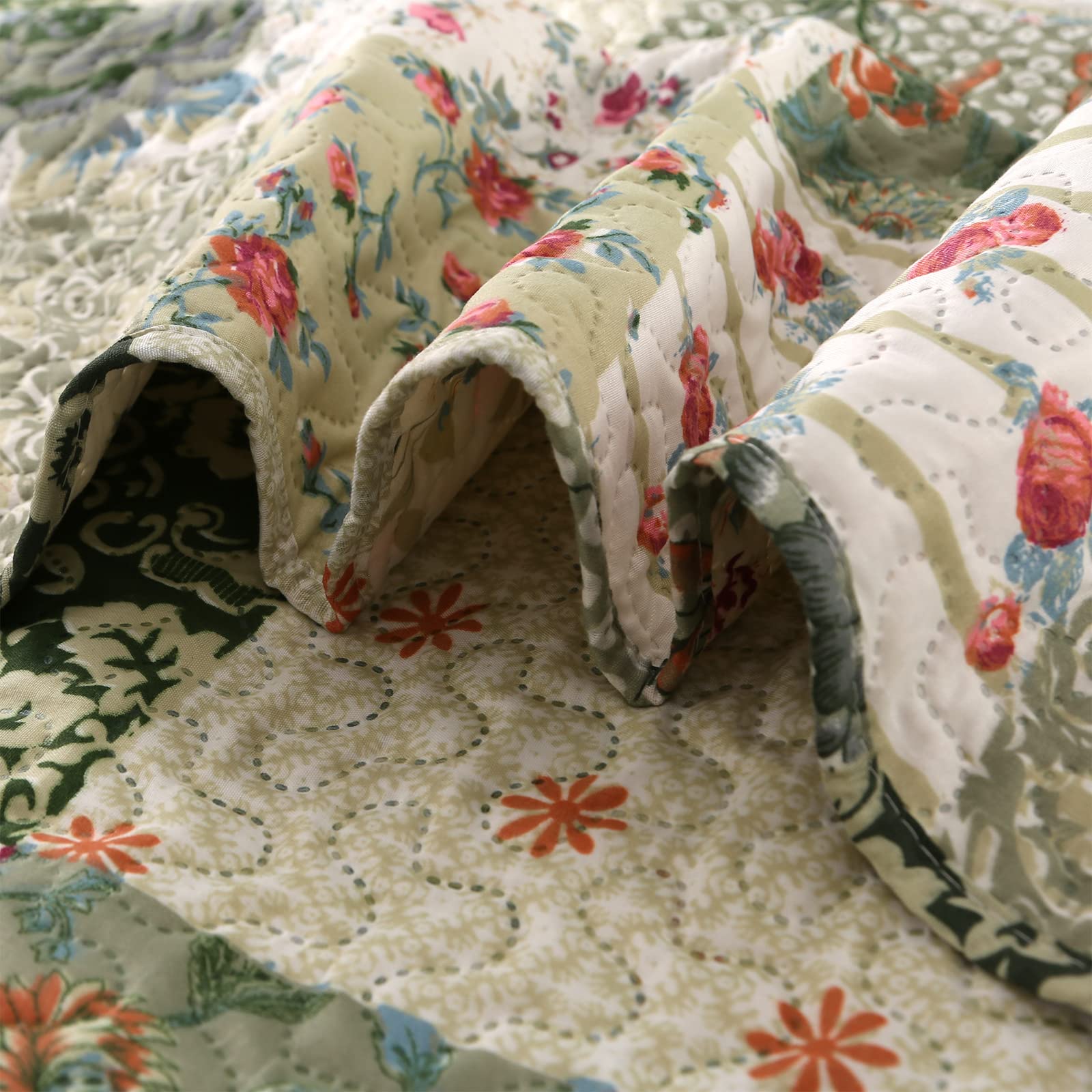 Qucover Colcha Estampado 150x200 cm, Colchas Cama 90 Ultrasónica, Cubrecama Verde Microfibra con Patrón Foral, Manta de Verano Cama 90 Superligera (Verde, 220x230cm+50x75cm*2)