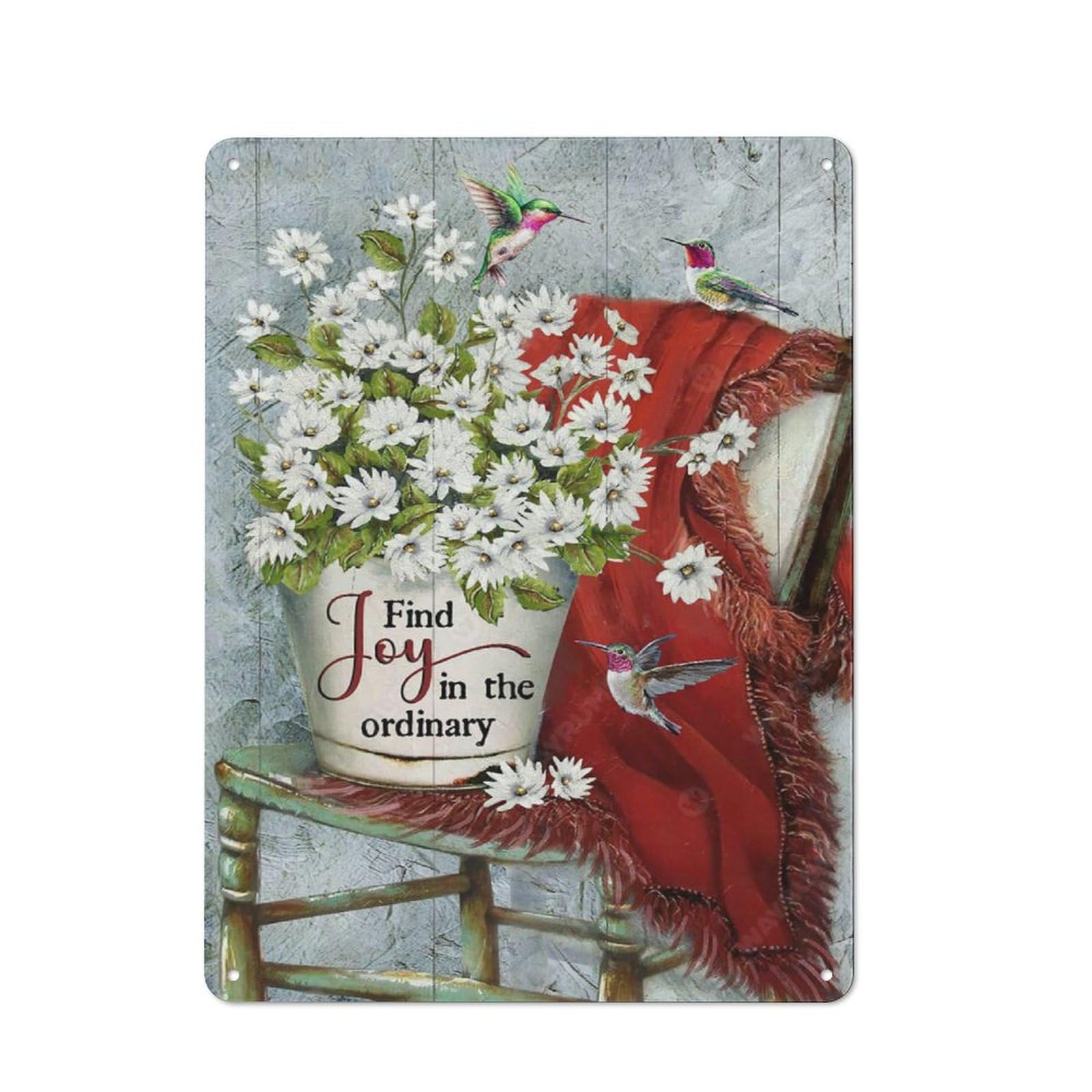Rustic Metal Tin Sign, Ordinary Joy Hummingbird Farmhouse Wall Art, Retro Relaxing Printed Sign for Household Multi-place Decoration, 12x8 Inch