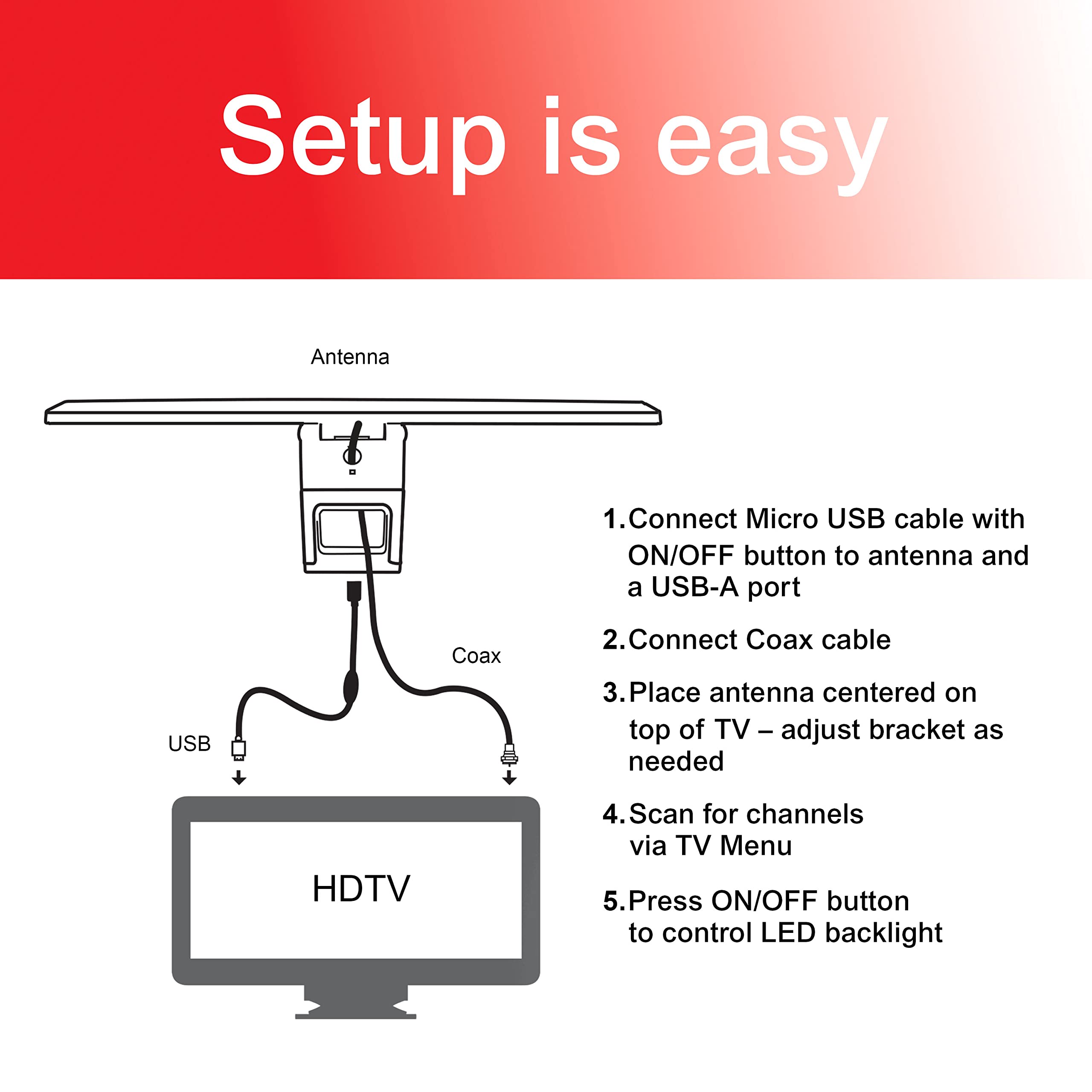 GE LED Enlighten HD 70947 Antenne TV HD à rétroéclairage RVB 4K 1080p numérique HDTV VHF UHF, antenne TV pour Smart TV, antenne TV Longue portée en intérieur
