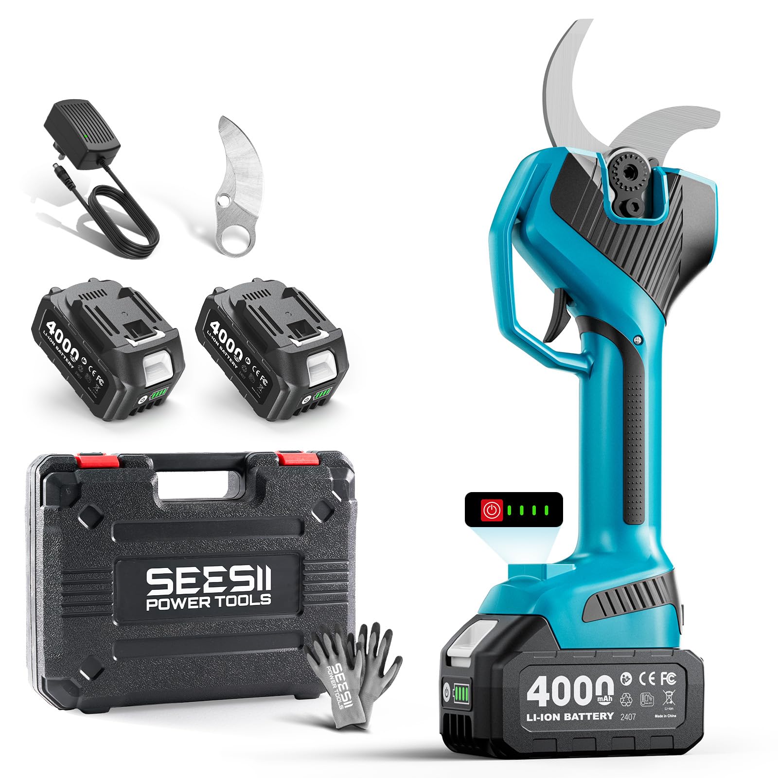 SEESII Akku Gartenschere 55mm, Elektrische Astschere mit Bürstenlosem Motor, SK5 Klinge, Integrierter Ölflasche, Kabellose Baumschere für Garten, Obstgarten und Landschaftspflege CS510 Ultra