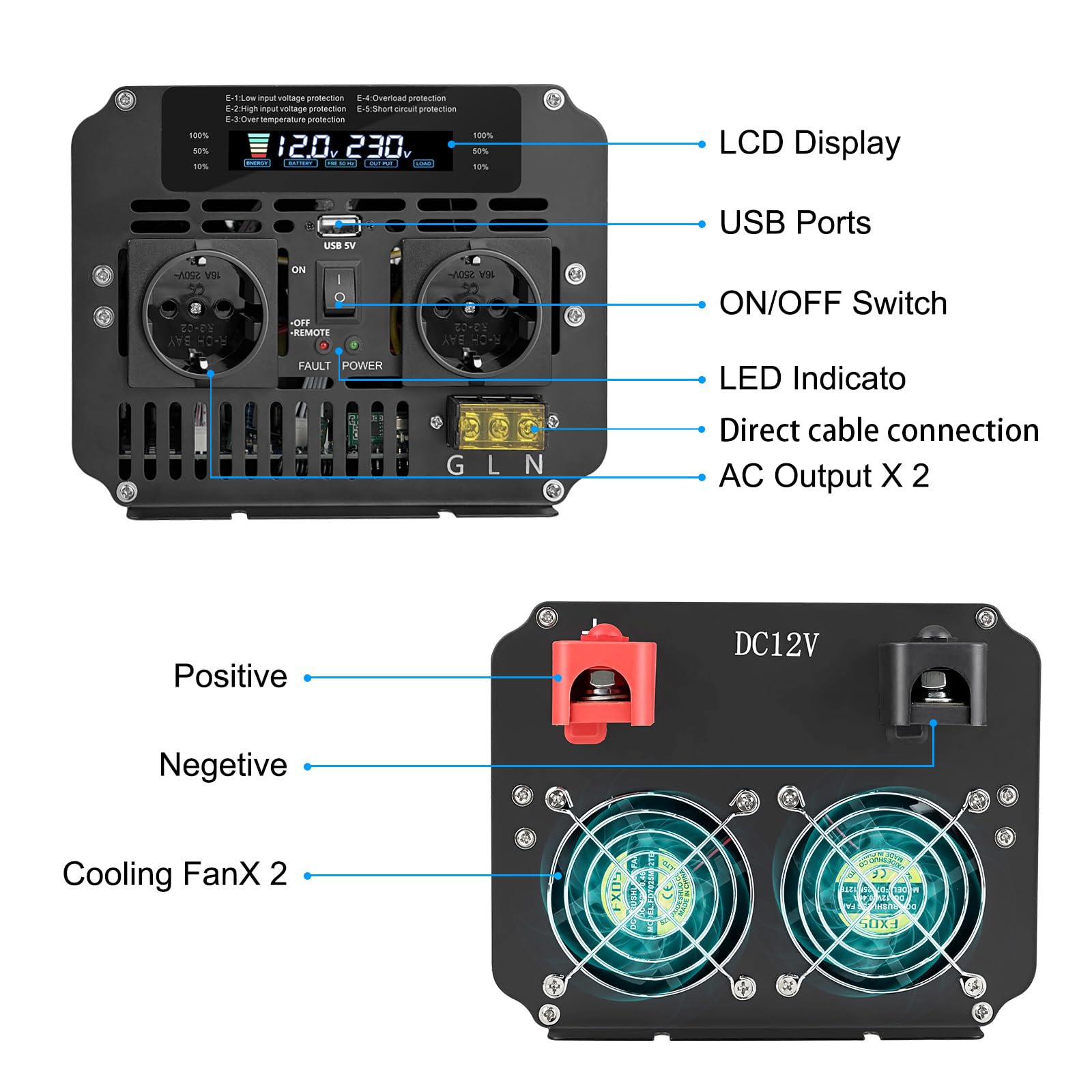 Yinleader Convertisseur 12v 220v 4000W Onduleur /8000W Transformateurde avec écran LCD, télécommande sans Fil, Port USB
