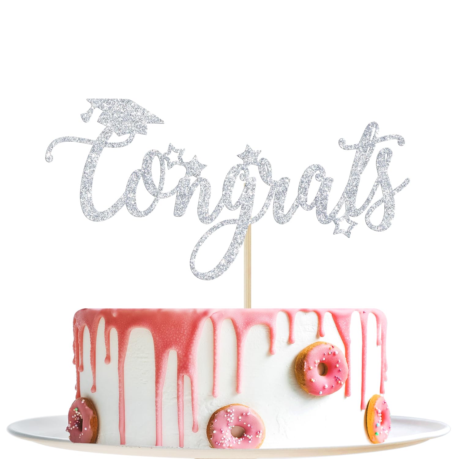 Tortenaufsatz 'Congrats Grads' – Silberner Acryl-Topper, 14,5x15 Cm, Doppelseitig Glitzernd, Für Abschlussfeiern & Kuchendekoration