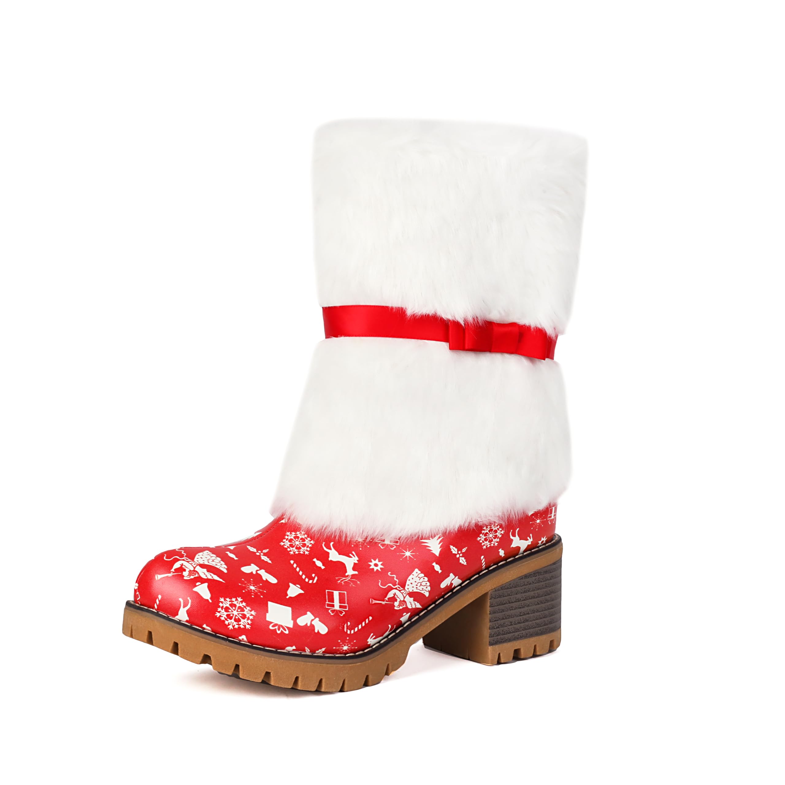 Cantianshu Sweet Womens Bowknot Furry Christmas Ankle Boots Chunky Heel Suede Snow Boots