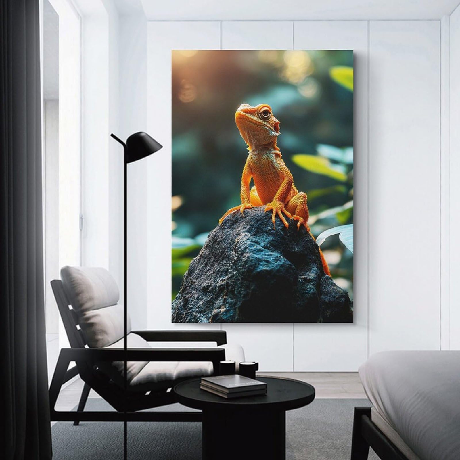 Junmoney Orange Lizard on Rock Home Decor Wall Art 24x36inch(60x90cm), for Hallway, Bedroom Or Modern Interiors, Canvas Artwork with Gifting Potential
