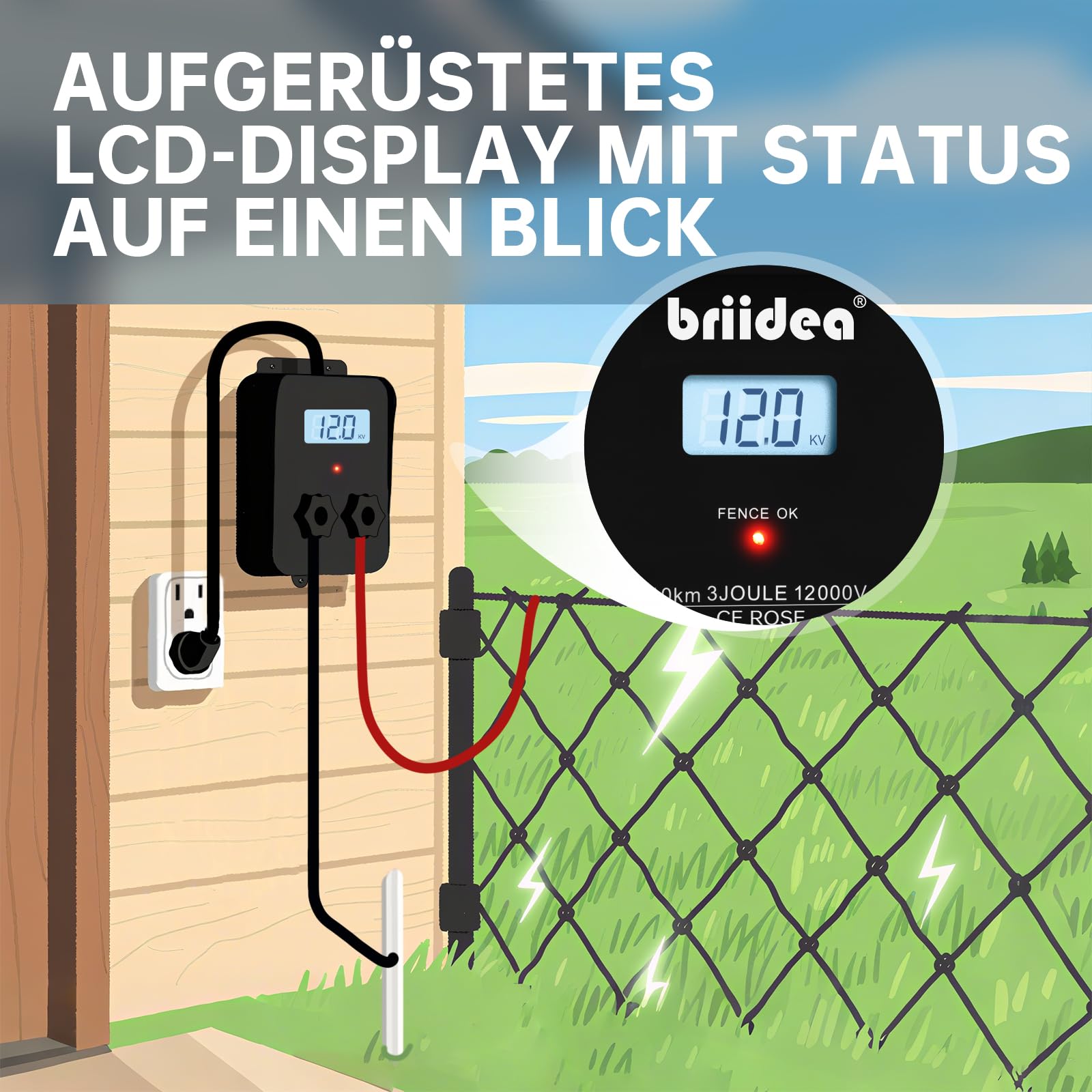 Briidea 12.000 V 3 Joule, caricatore elettrico per recinzione, portata 10 km, protezione sicura ed efficace degli animali da fattoria, giardino e pascolo