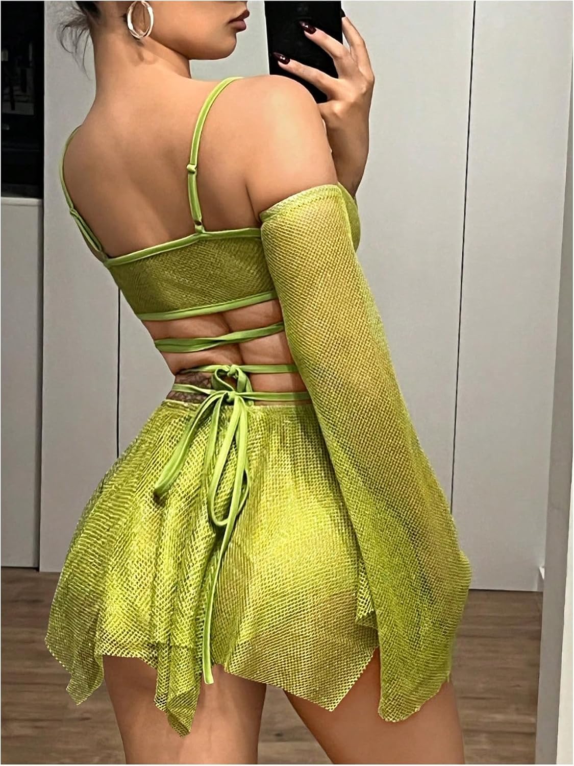 OYOANGLE Women's 2 Piece Mesh Sheer Criss Cross Crop Top and Asymmetrical Mini Skirt Party Rave Outfits