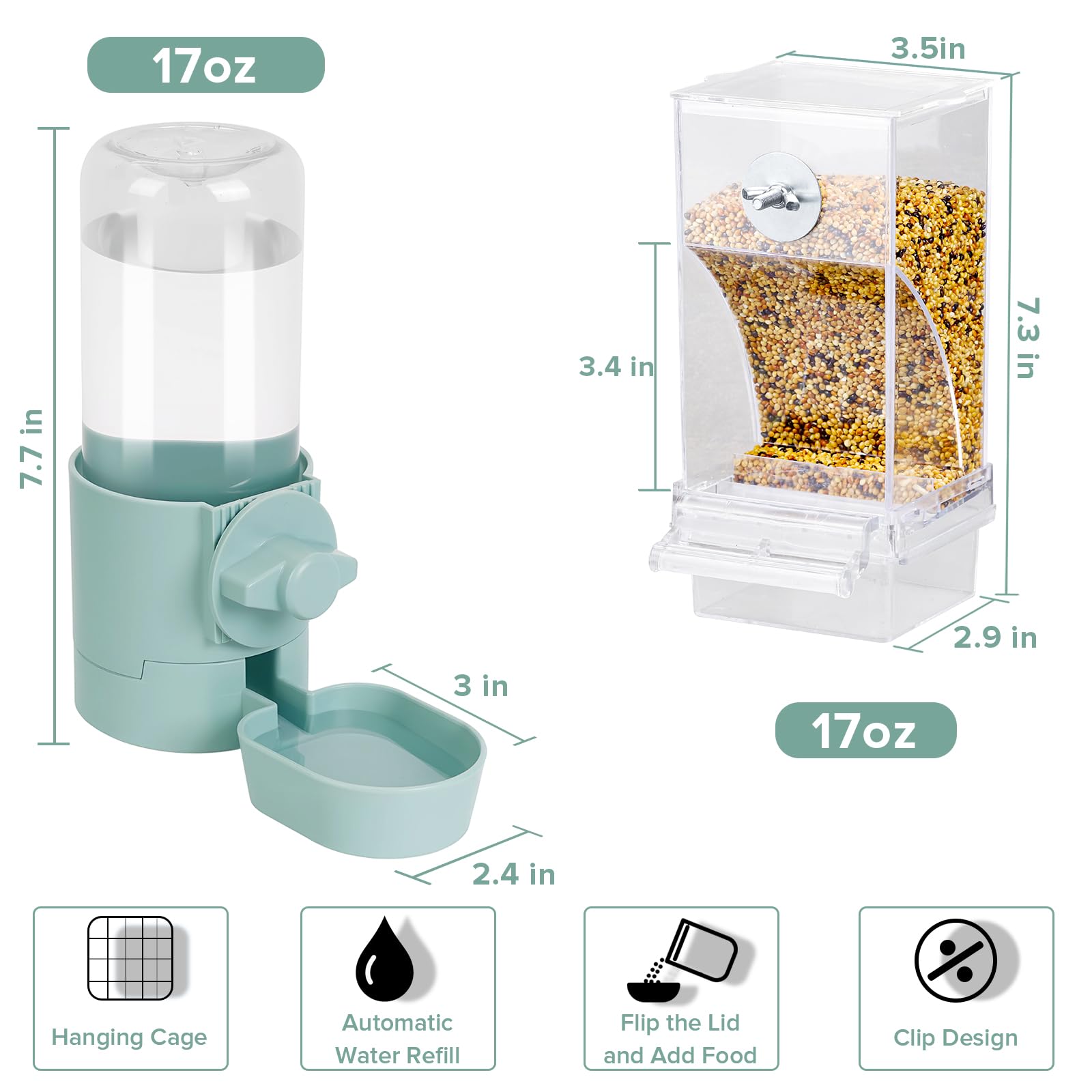 No Mess Bird Feeder Water Dispenser Set, Bird Feeder for Cage, Cage Accessories for Cockatiels, Finches, Budgies and Canaries