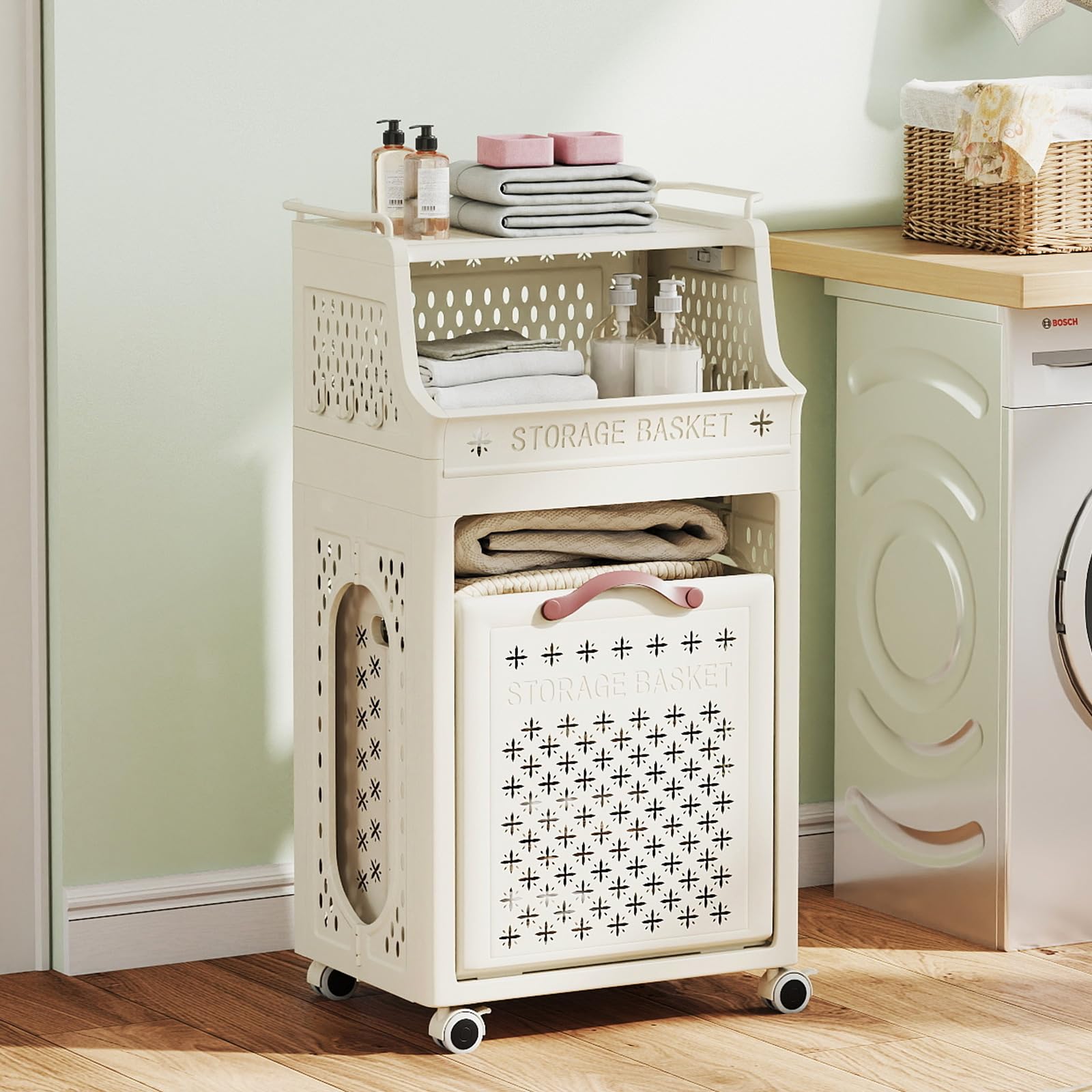 LIFEZEAL - Carrito de lavandería plegable de 3/4 niveles, cesta de ropa con ganchos, ruedas, carrito de almacenamiento móvil para lavandería, cuarto de baño, dormitorio (Beige2, 3 niveles sin barra de