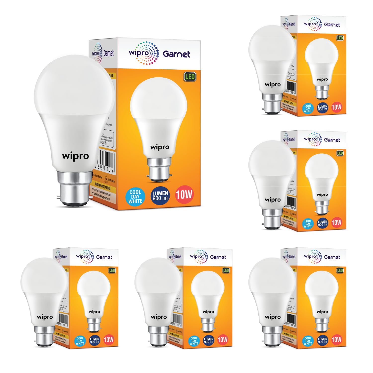Wipro Garnet 10W B22 LED Bulb, Coolwhite (Pack of 6)