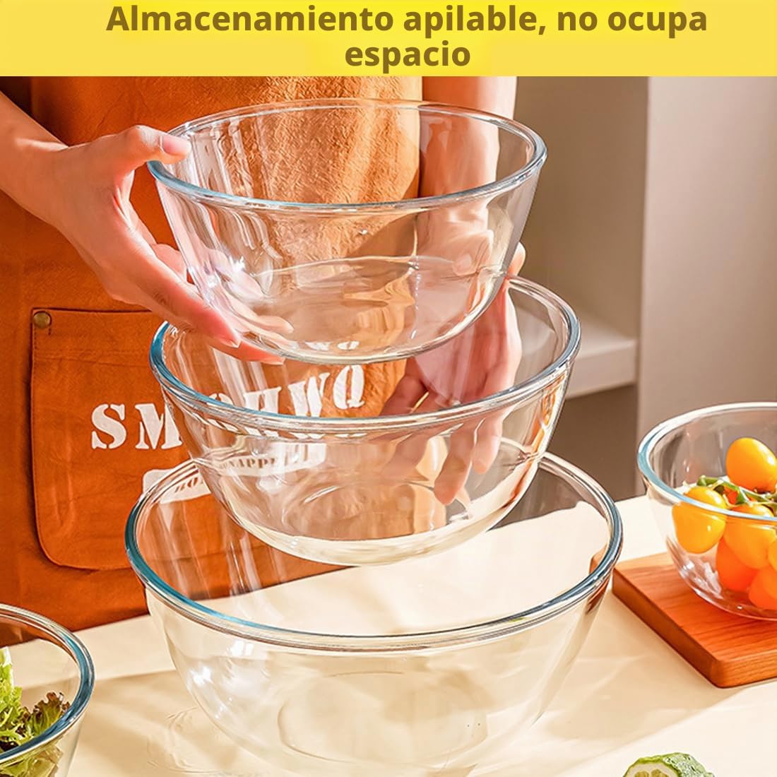 Juego de 3 Cuencos de Vidrio con Tapa Hermética, Cristal Borosilicato 1050 ml+2700 ml+4400 ml Sin BPA Apto para Microondas Lavavajillas Utensilios de Cocina Apilables para Almacenar Mezclar