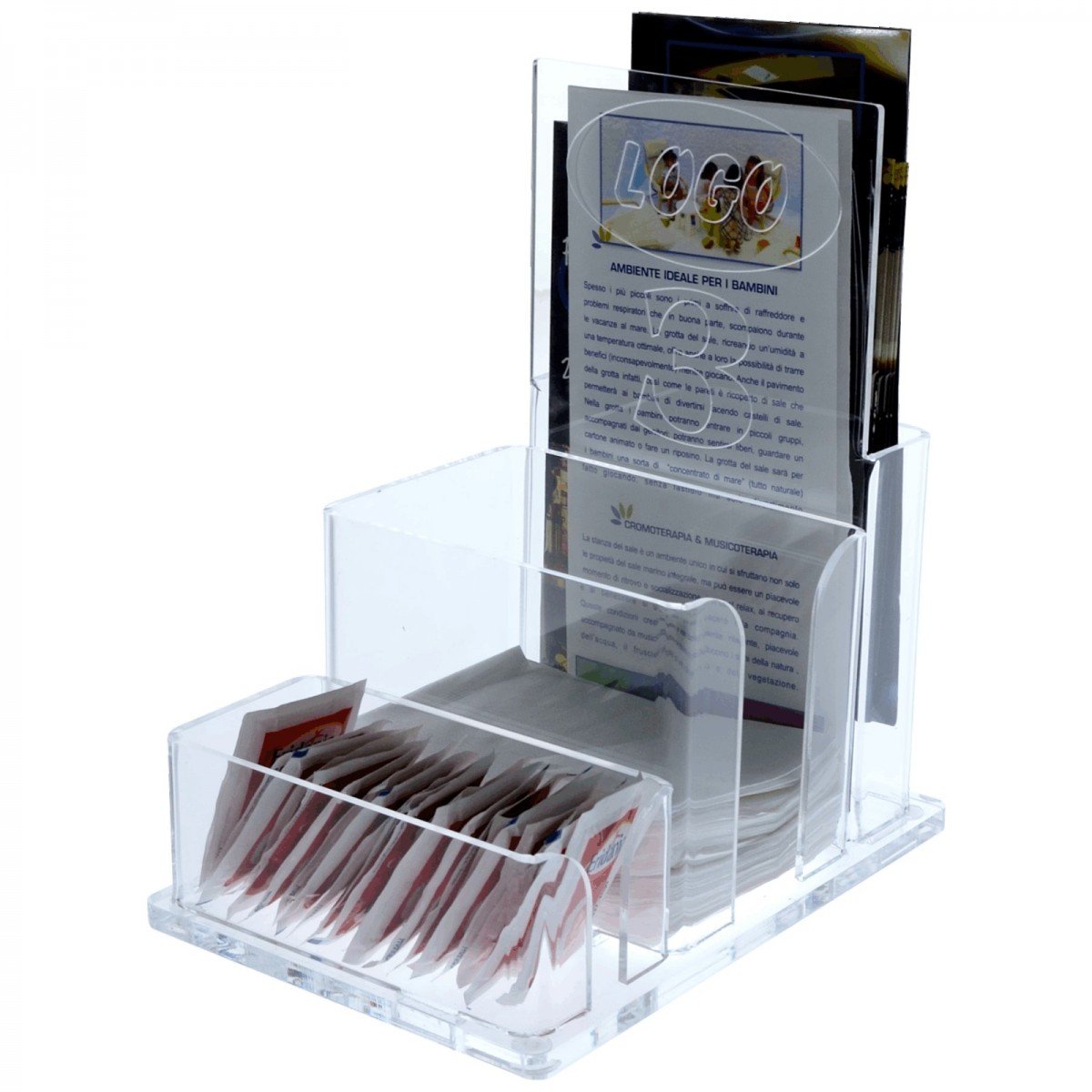Espositore Multiuso in plexiglass Trasparente a 3 Scomparti - Misure:21 x 14 x H 23 cm