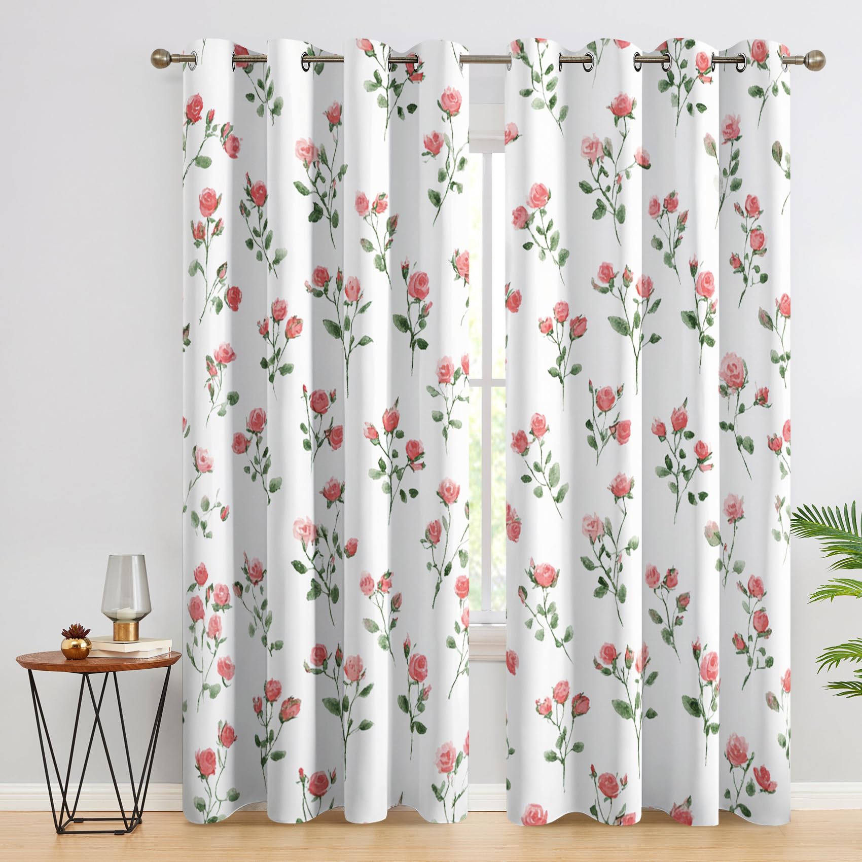 Niyaka White Pink Rose Floral Blackout Curtains For Living Room, Flower Curtains For Bedroom, Thermal Insulated Eyelet Window Treatments 54 Drop, 2 Panels Drapes (W42 X L54)