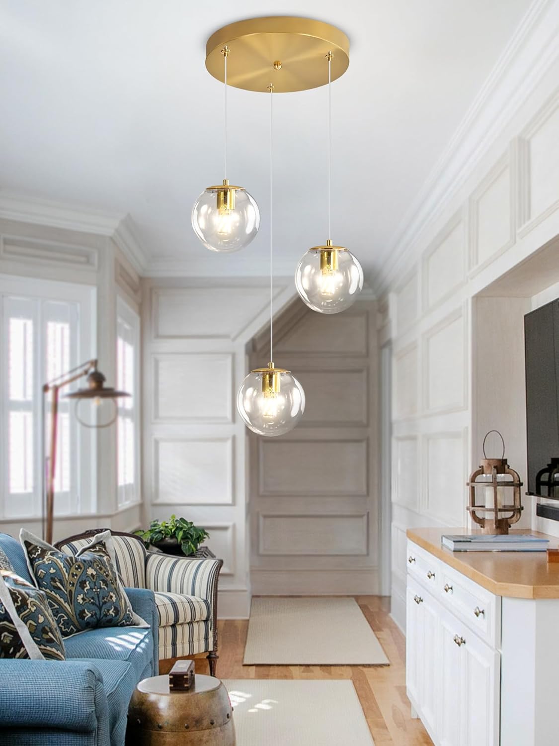 Globe Glass Pendant Light Modern Gold Clear Globe Glass Chandelier Mid Century Chandelier 3-Light Hanging Fixture for Kitchen Island Foyer Hallway Dining Room Gold-Clear glass 3-Lights