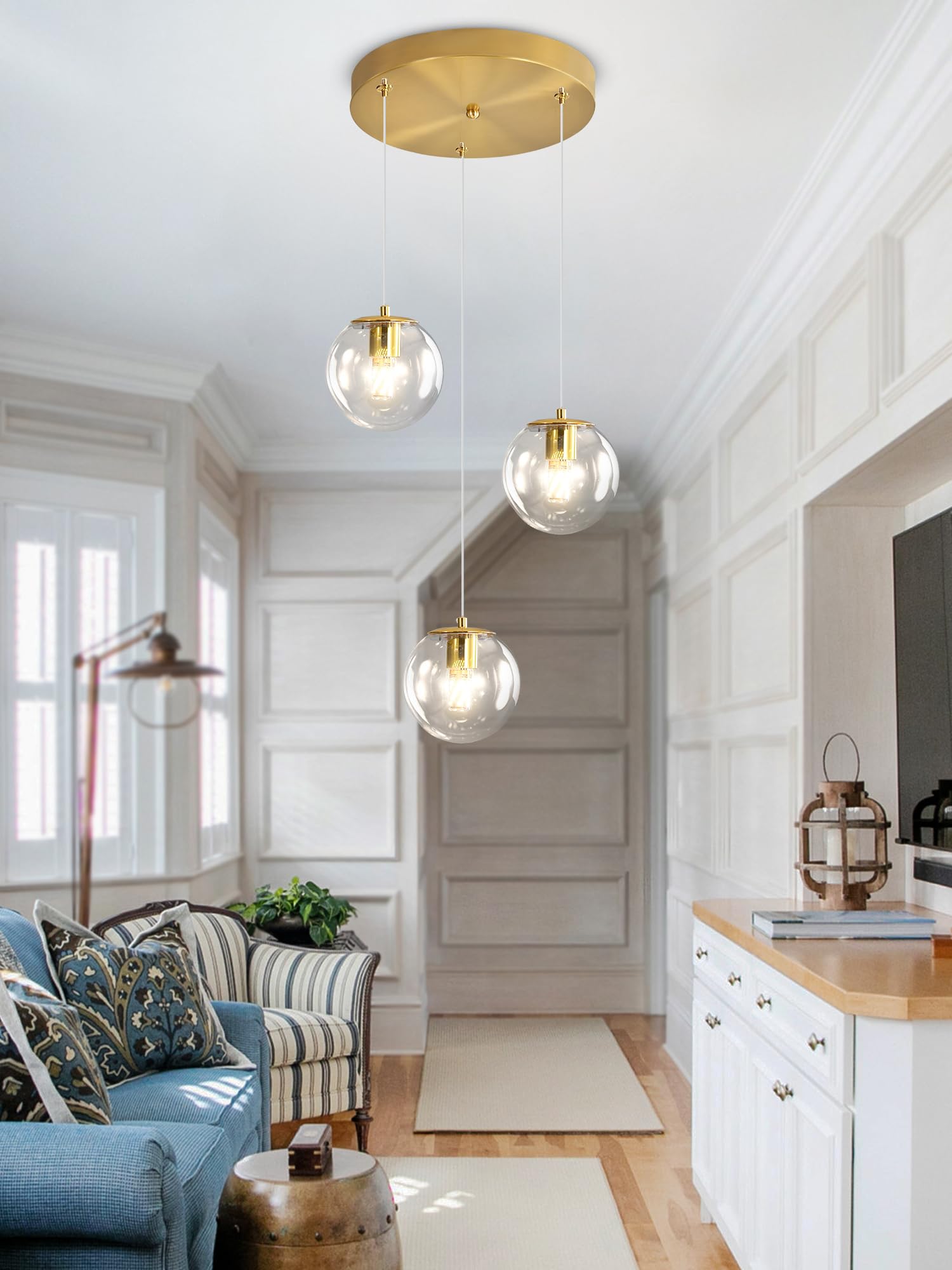 HYJAUSXB Modern Celing ht Globe Glass Pendant Gold Clear Chandelier Mid Century 3-ht Hanging Fixture for Kitchen Island Foyer Hallway Dining Room