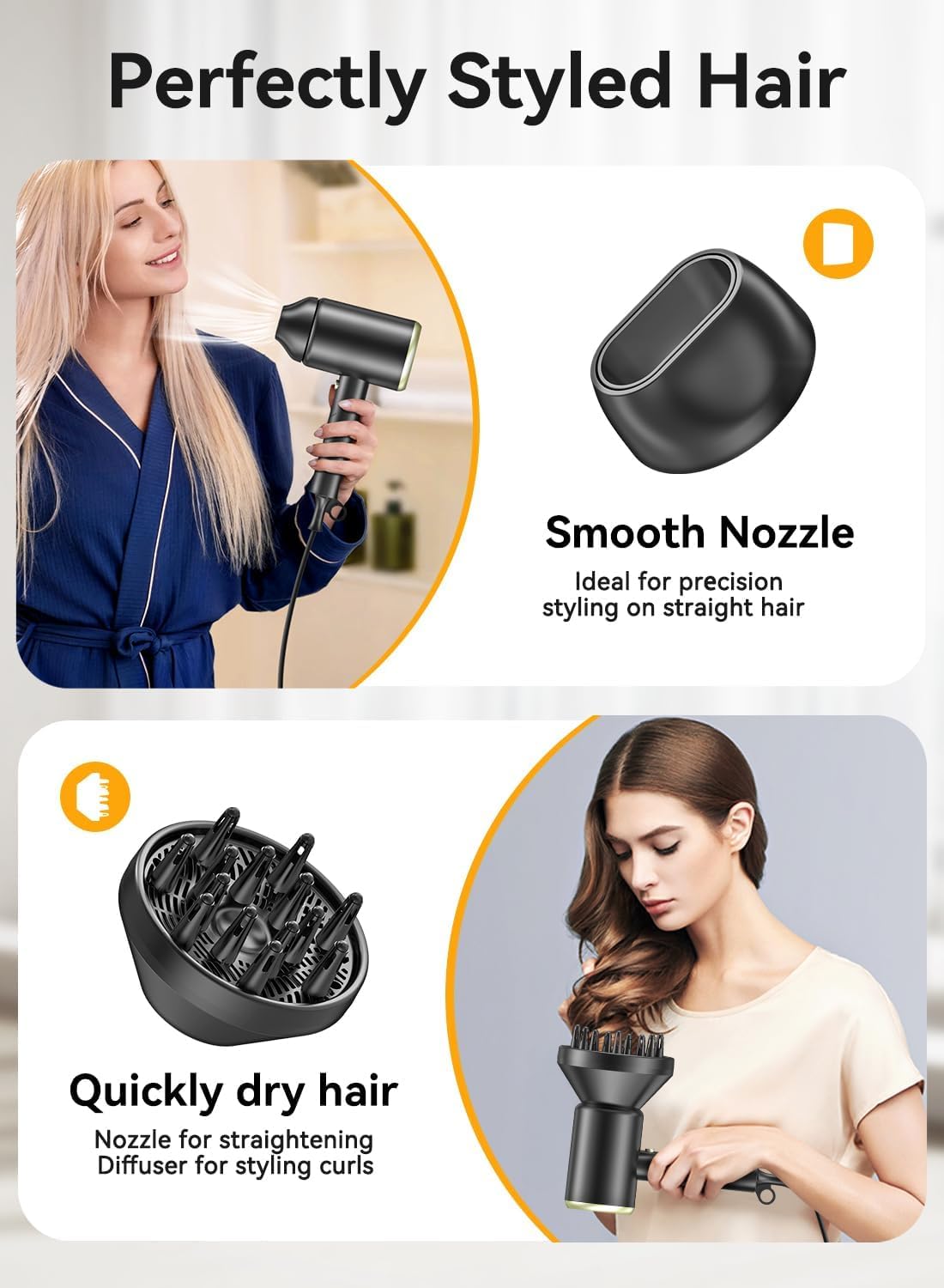 Hair Dryer, 150000RPM Ionic Blow Dryer - Fast Drying, Low Noise, Foldable Portable with Diffuser and Nozzle, Compact Mini for Women and Men, Home and Travel - Black