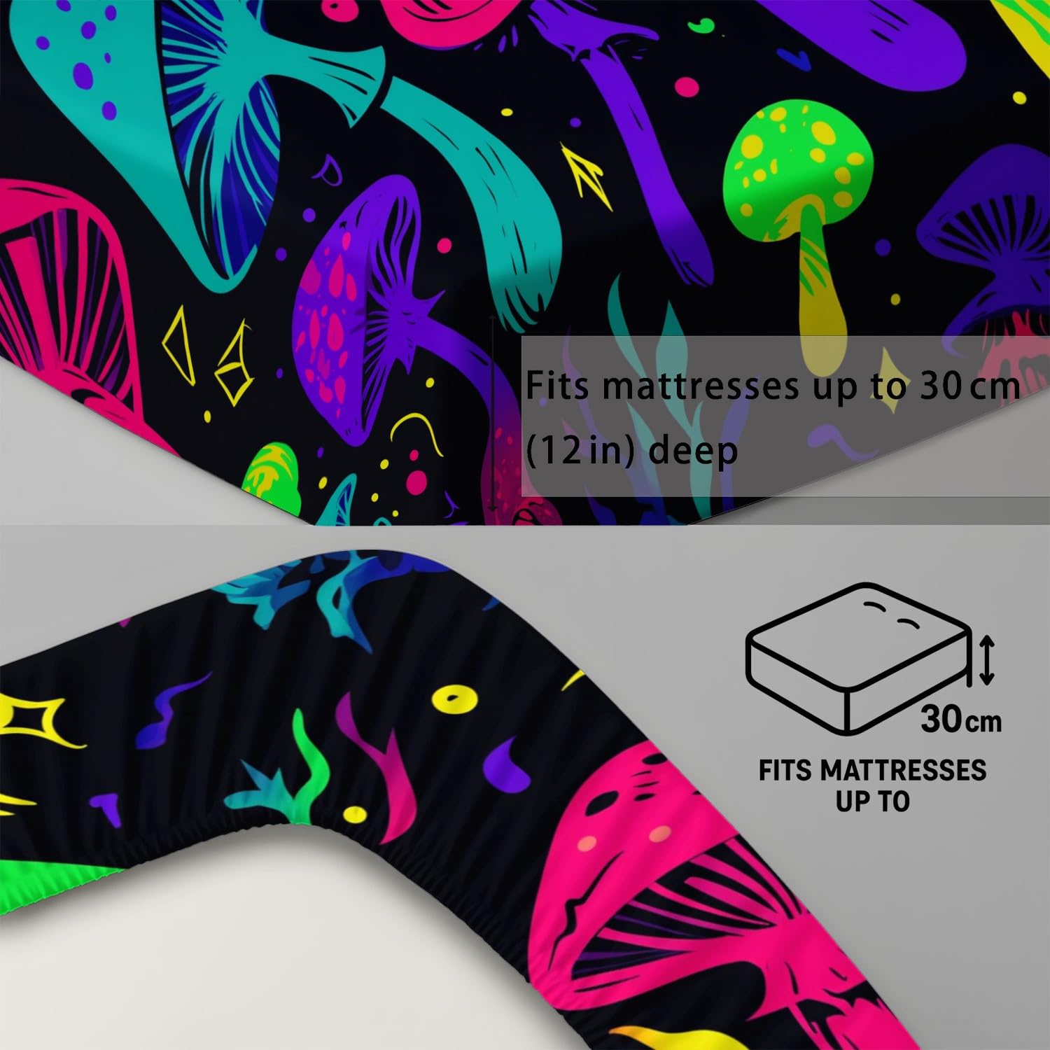 Magisch Wald Spannbetttuch 140 x 200 x 30 cm 3teilig 2 Kissenbezüge 80 x 80 cm Neon Leuchtend Pilz Botanisch Spannbettlaken Set für Kinder Jugendliche Erwachsene Mikrofaser Bettwäsche