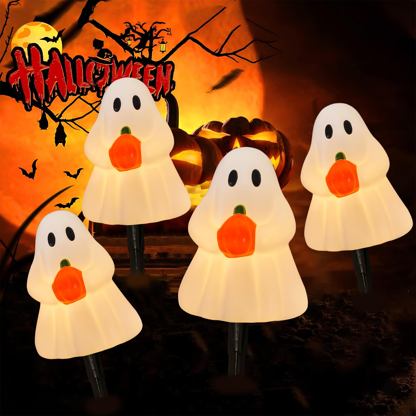 C7 Halloween Ghost Pathway String Lights, 7Ft Outdoor Halloween Decorations Lights with 4 Elves Holding Pumpkin Walkway Lights Waterproof UL Listed
