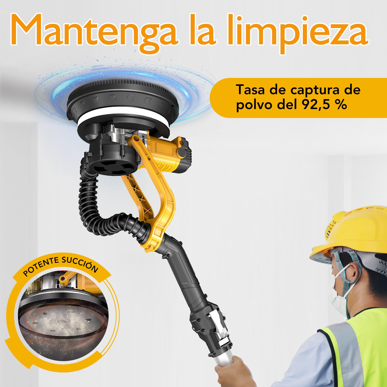 ZHJAN Lijadora de Pared y Techo 880W, 5 Velocidades Ajustables 1000-2100 RPM，Lijadora Jirafa con Sistema de Recogida de Polvo, Luz LED, 12 Discos de Lijado, Plegable y Extensible