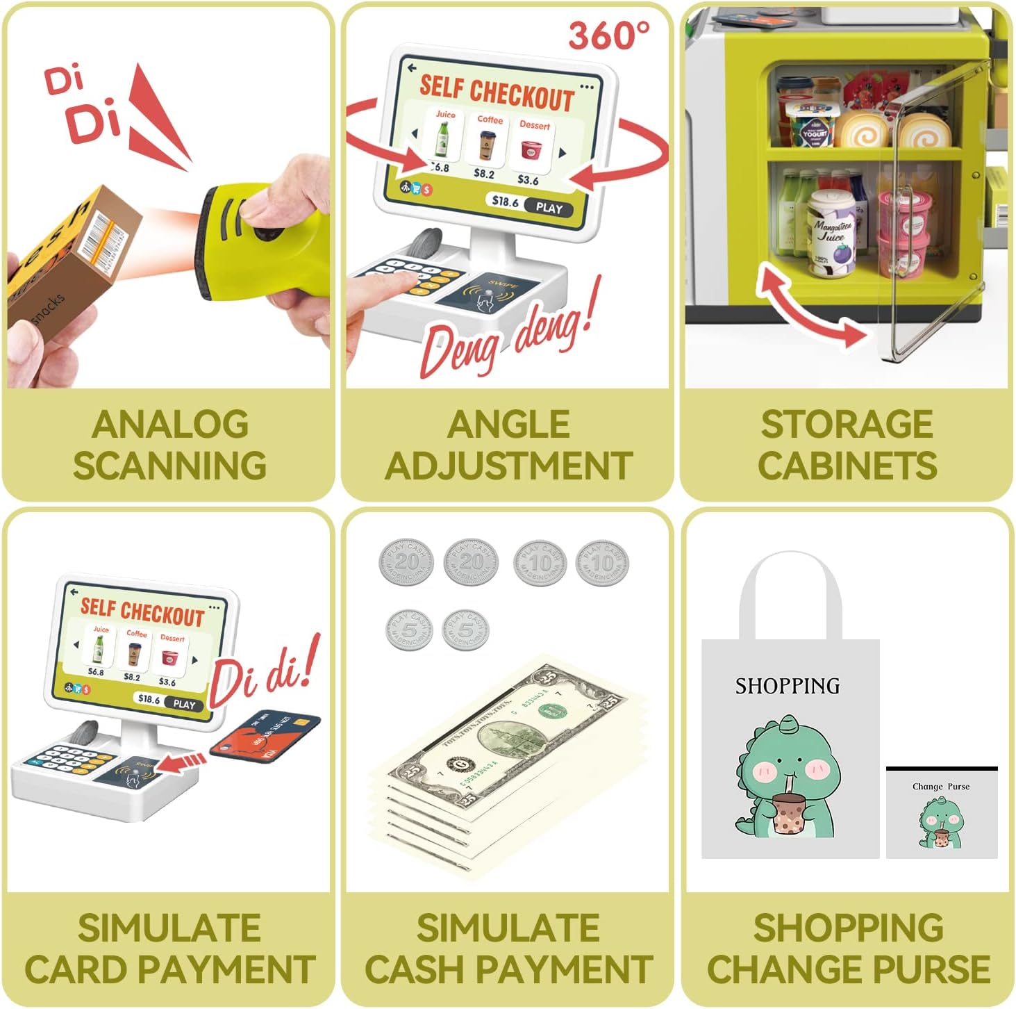 Cash Register Playset for Kids - 48PCS Pretend Play Money, Calculator, Scanner, Credit Card and Play Food for Boys and Girls Ages 3+ (668-124)